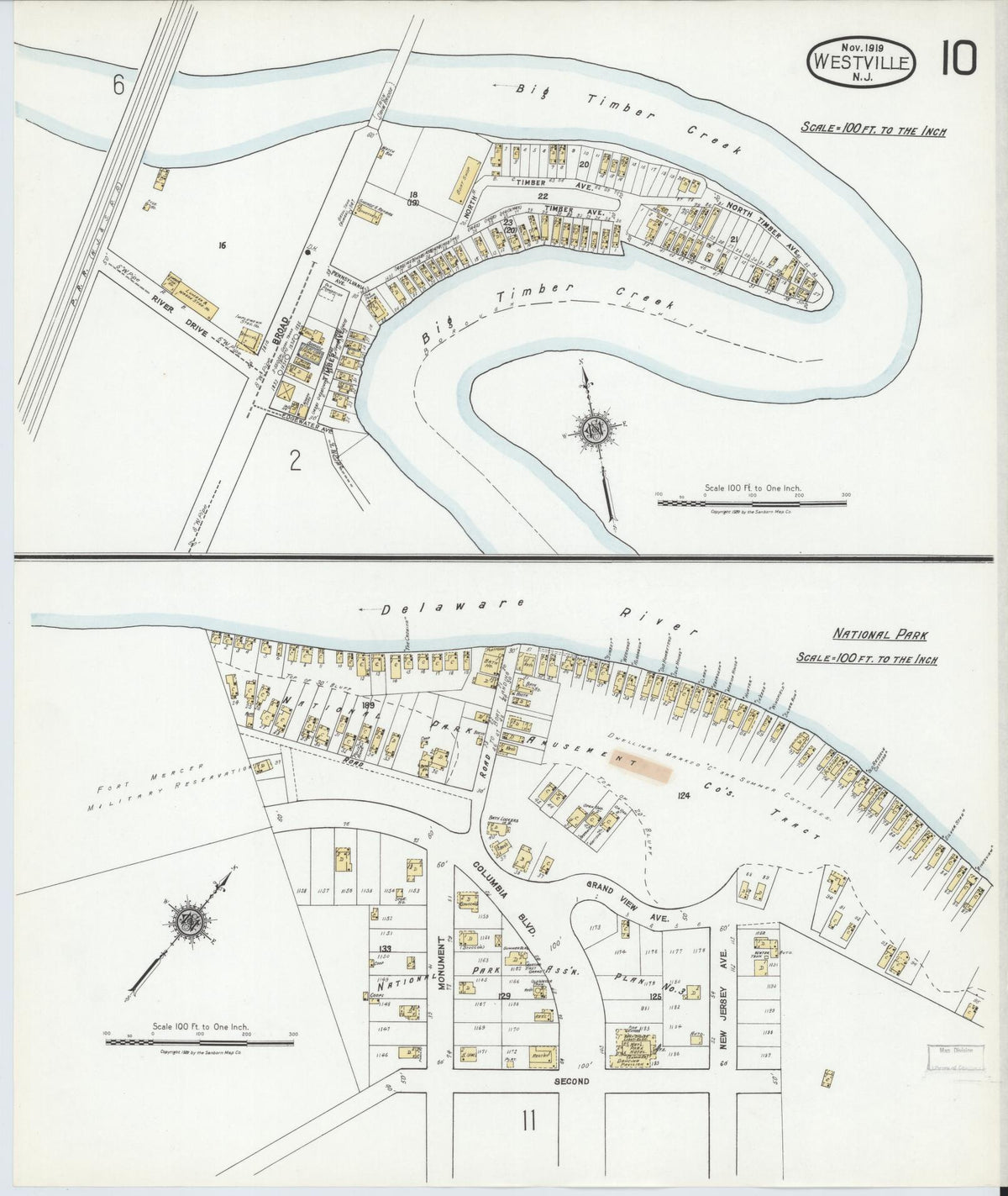 Sanborn Fire Insurance Map from Westville, Gloucester County, New Jersey (1919), Sheet #0010 - Historic Sanborn Fire Insurance Map Print, vintage old map wall art, antique decor, genealogy gift, New Jersey New Jersey map