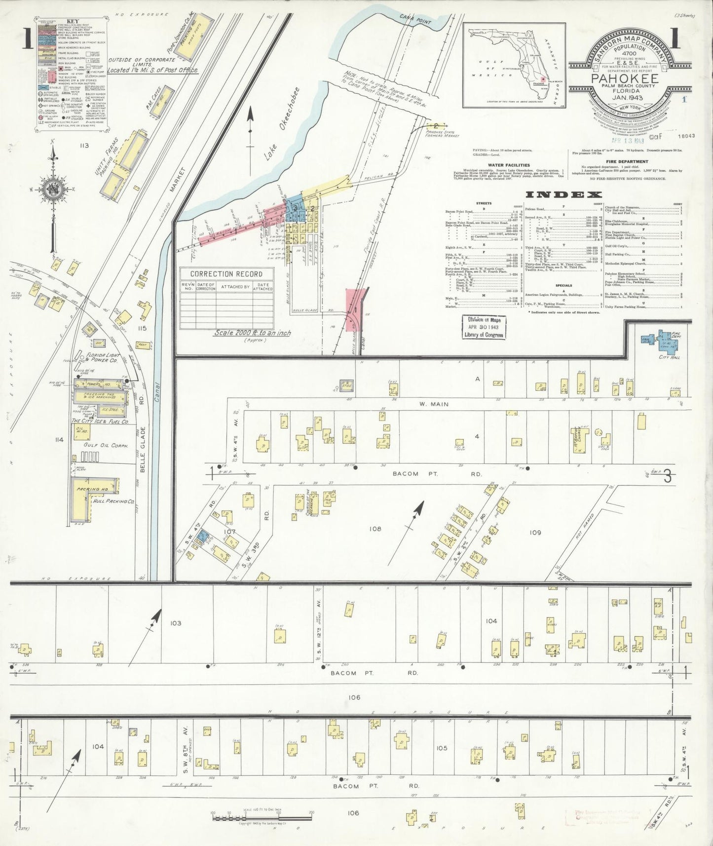Sanborn Fire Insurance Map from Pahokee, Palm Beach County, Florida (1943), Sheet #0001 - Historic Sanborn Fire Insurance Map Print, vintage old map wall art, antique decor, genealogy gift, Florida Florida map