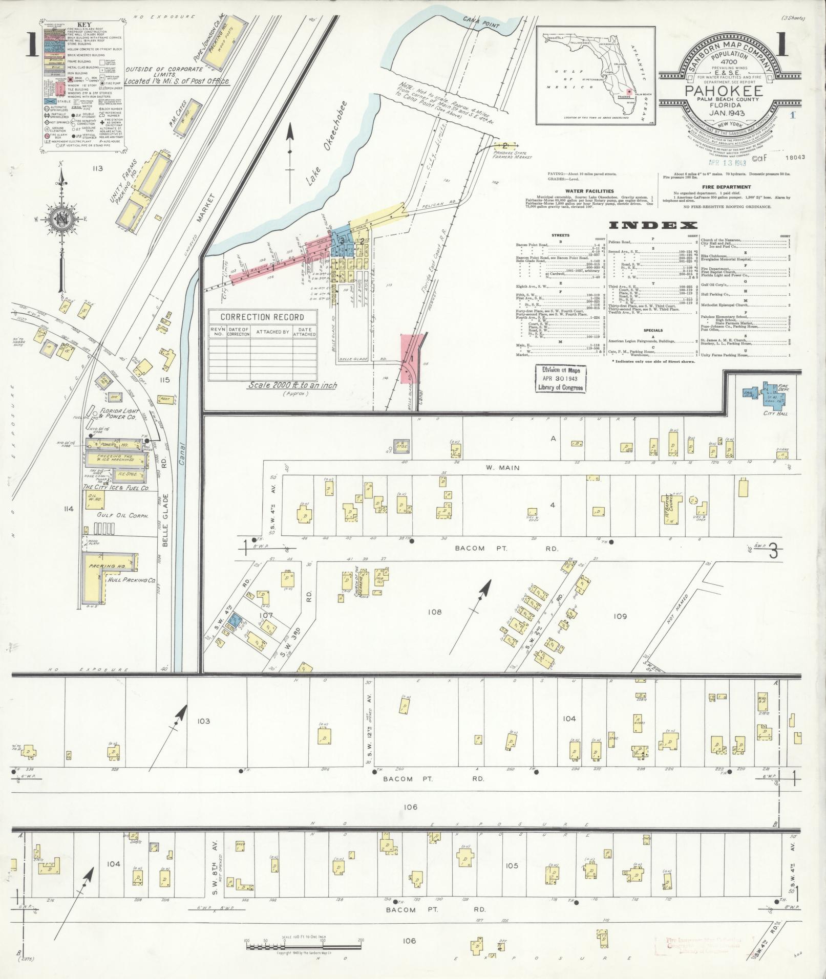 Sanborn Fire Insurance Map from Pahokee, Palm Beach County, Florida (1943), Sheet #0001 - Historic Sanborn Fire Insurance Map Print, vintage old map wall art, antique decor, genealogy gift, Florida Florida map