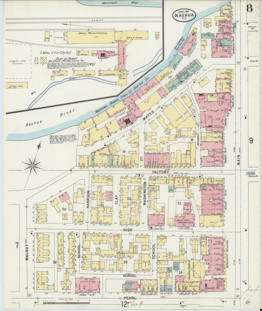Sanborn Fire Insurance Map from Nashua, Hillsborough County, New Hampshire (1897), Sheet #0008 - Historic Sanborn Fire Insurance Map Print, vintage old map wall art, antique decor, genealogy gift, New Hampshire New Hampshire map