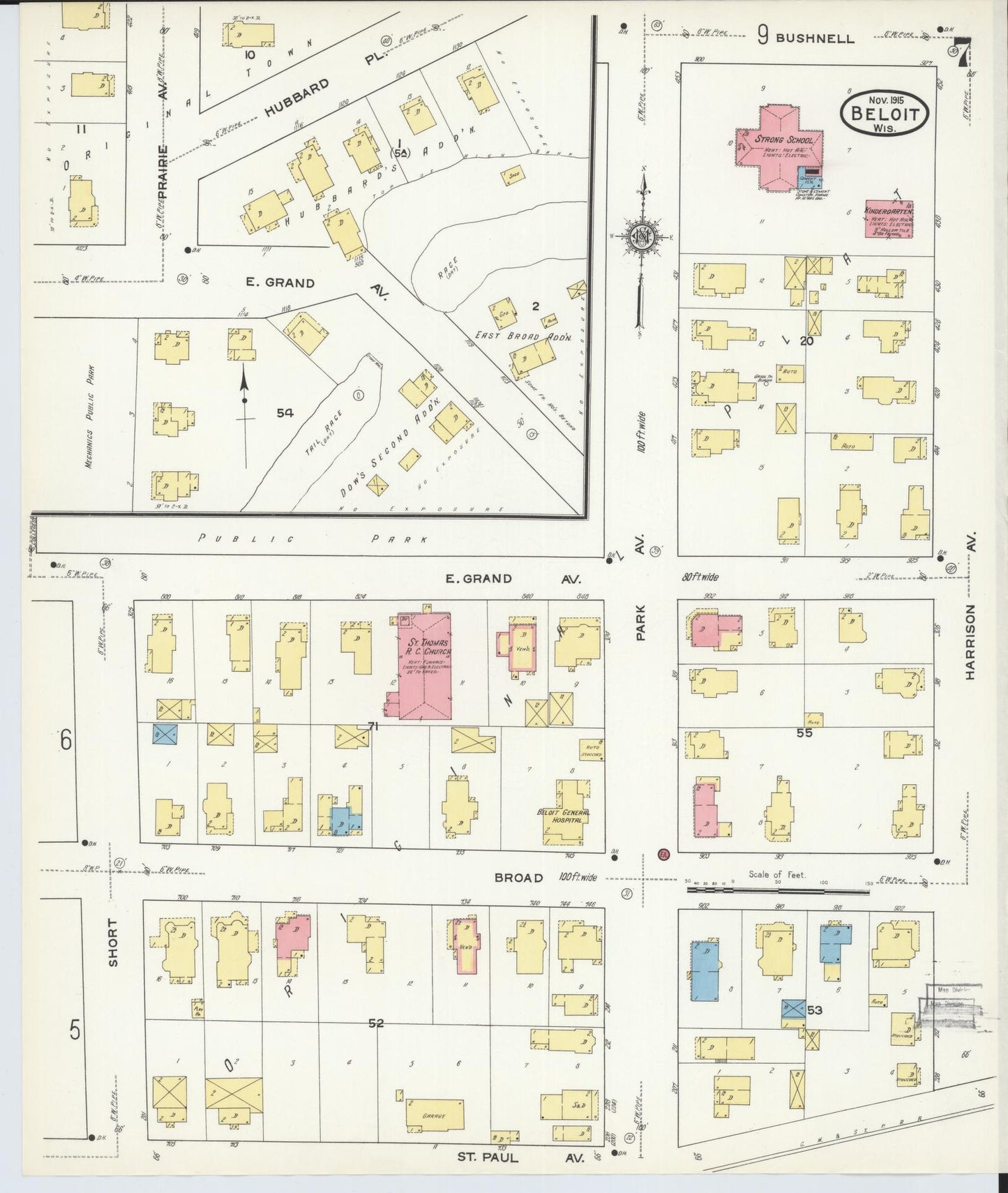 Sanborn Fire Insurance Map from Beloit, Rock County, Wisconsin (1915), Sheet #0007 - Historic Sanborn Fire Insurance Map Print, vintage old map wall art, antique decor, genealogy gift, Wisconsin Wisconsin map