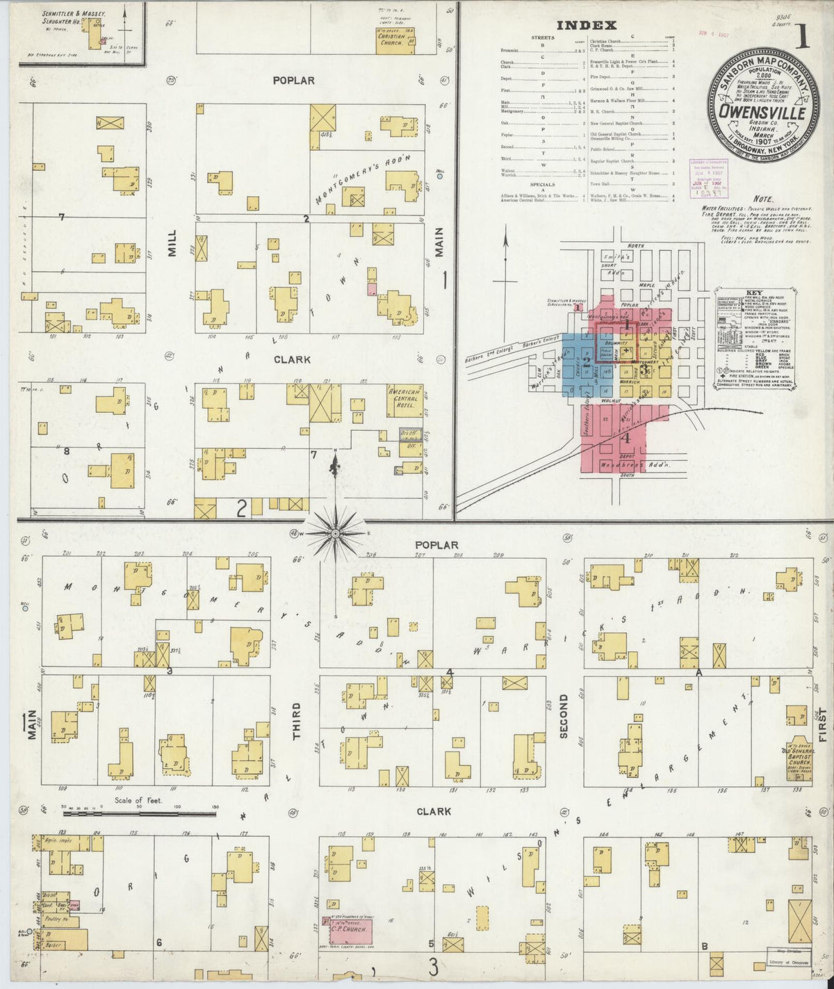 Sanborn Fire Insurance Map from Owensville, Gibson County, Indiana (1907), Sheet #0001 - Historic Sanborn Fire Insurance Map Print, vintage old map wall art, antique decor, genealogy gift, Indiana Indiana map