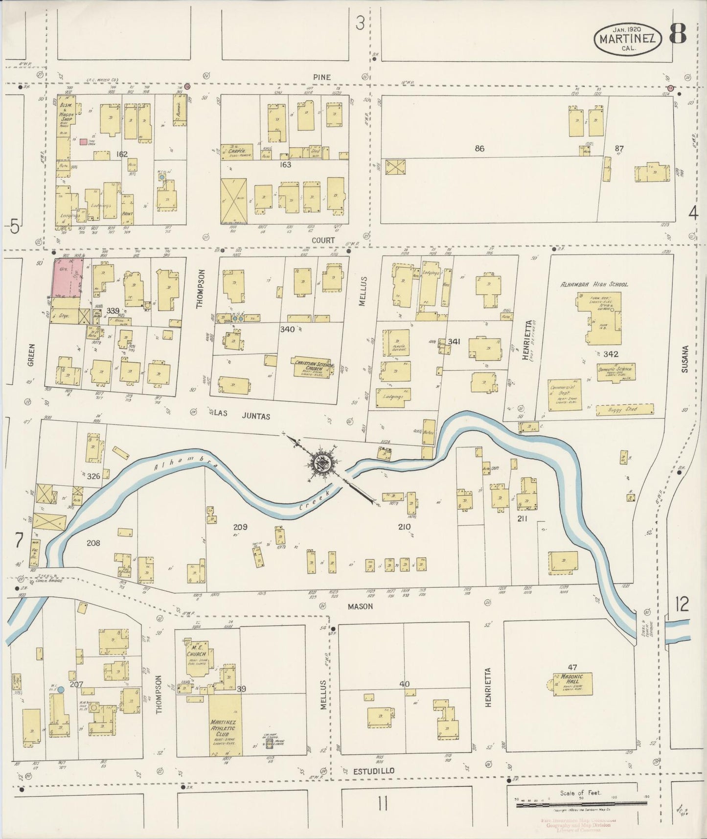 Sanborn Fire Insurance Map from Martinez, Contra Costa County, California (1920), Sheet #0008 - Historic Sanborn Fire Insurance Map Print, vintage old map wall art, antique decor, genealogy gift, California California map