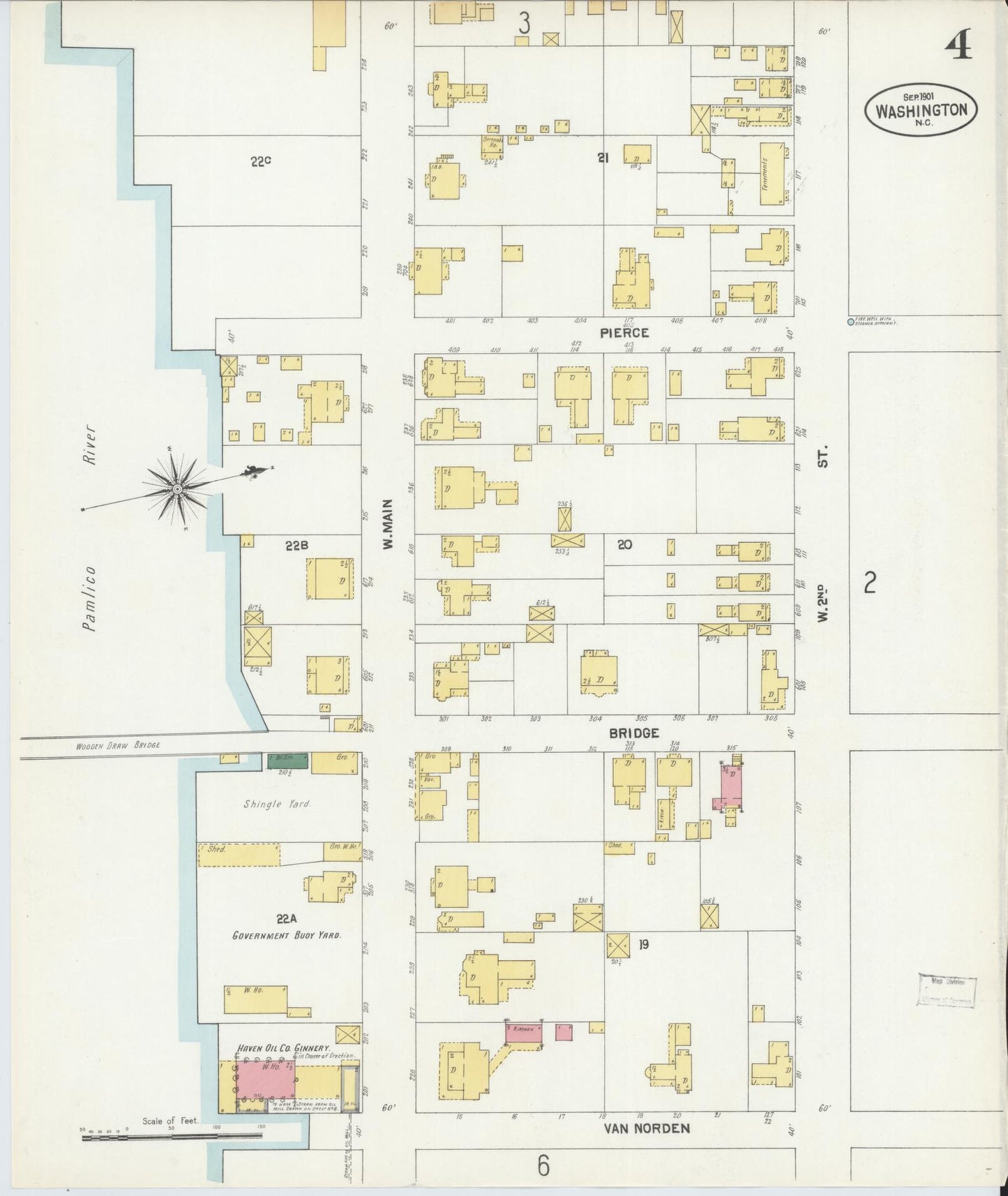 Sanborn Fire Insurance Map from Washington, Beaufort County, North Carolina (1901), Sheet #0004 - Complete Map Set gallery image, historic Sanborn map, vintage wall art, North Carolina North Carolina