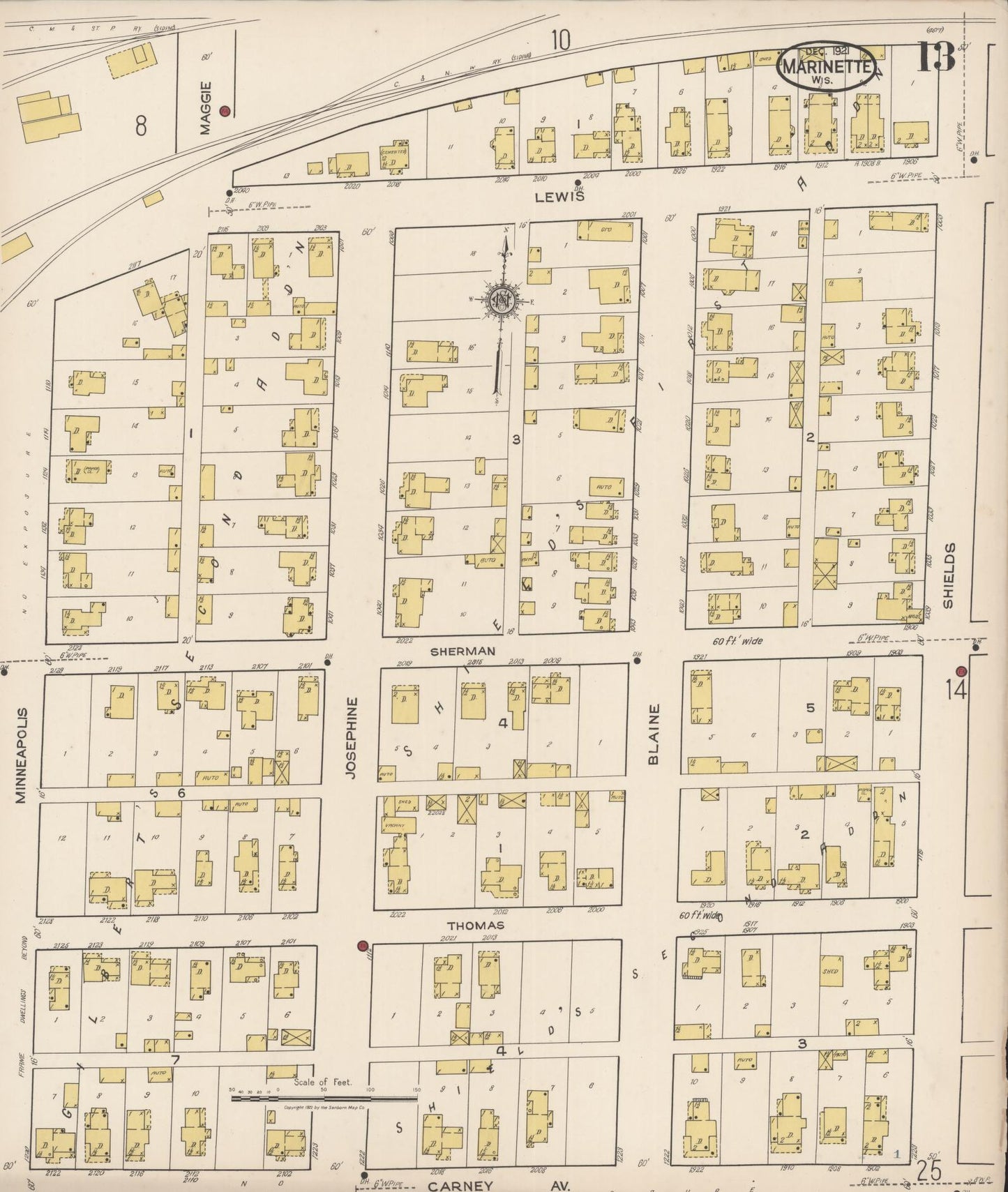 Sanborn Fire Insurance Map from Marinette, Marinette County, Wisconsin (1921), Sheet #0013 - Complete Map Set gallery image, historic Sanborn map, vintage wall art, Wisconsin Wisconsin