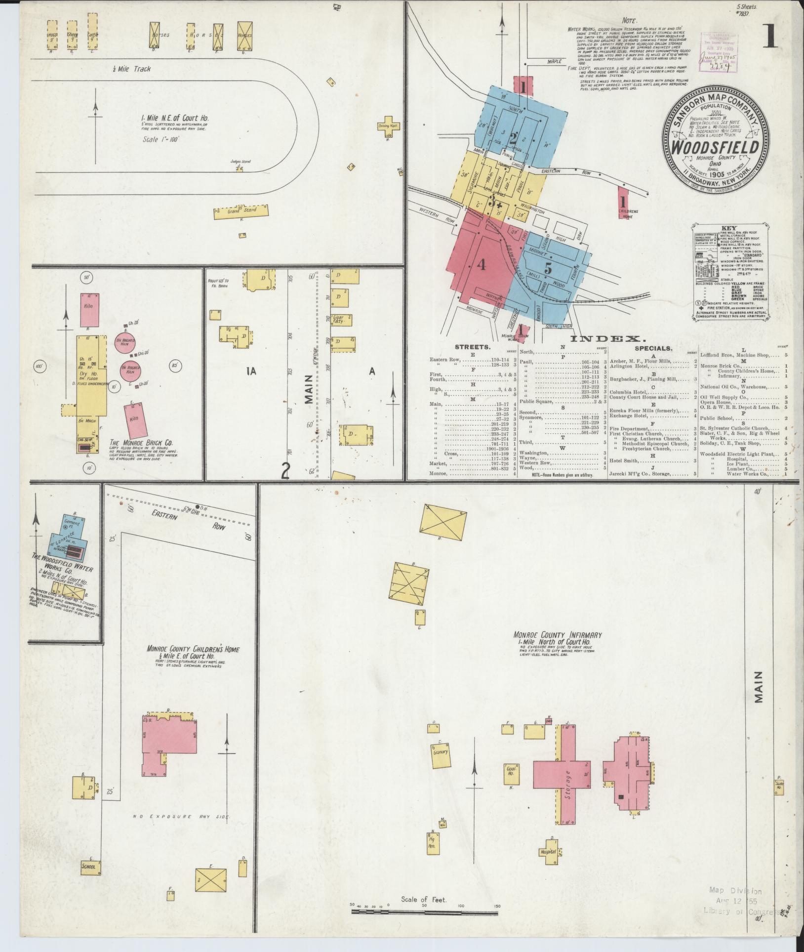 Sanborn Fire Insurance Map from Woodsfield, Monroe County, Ohio (1905), Sheet #0001 - Complete Map Set gallery image, historic Sanborn map, vintage wall art, Ohio Ohio