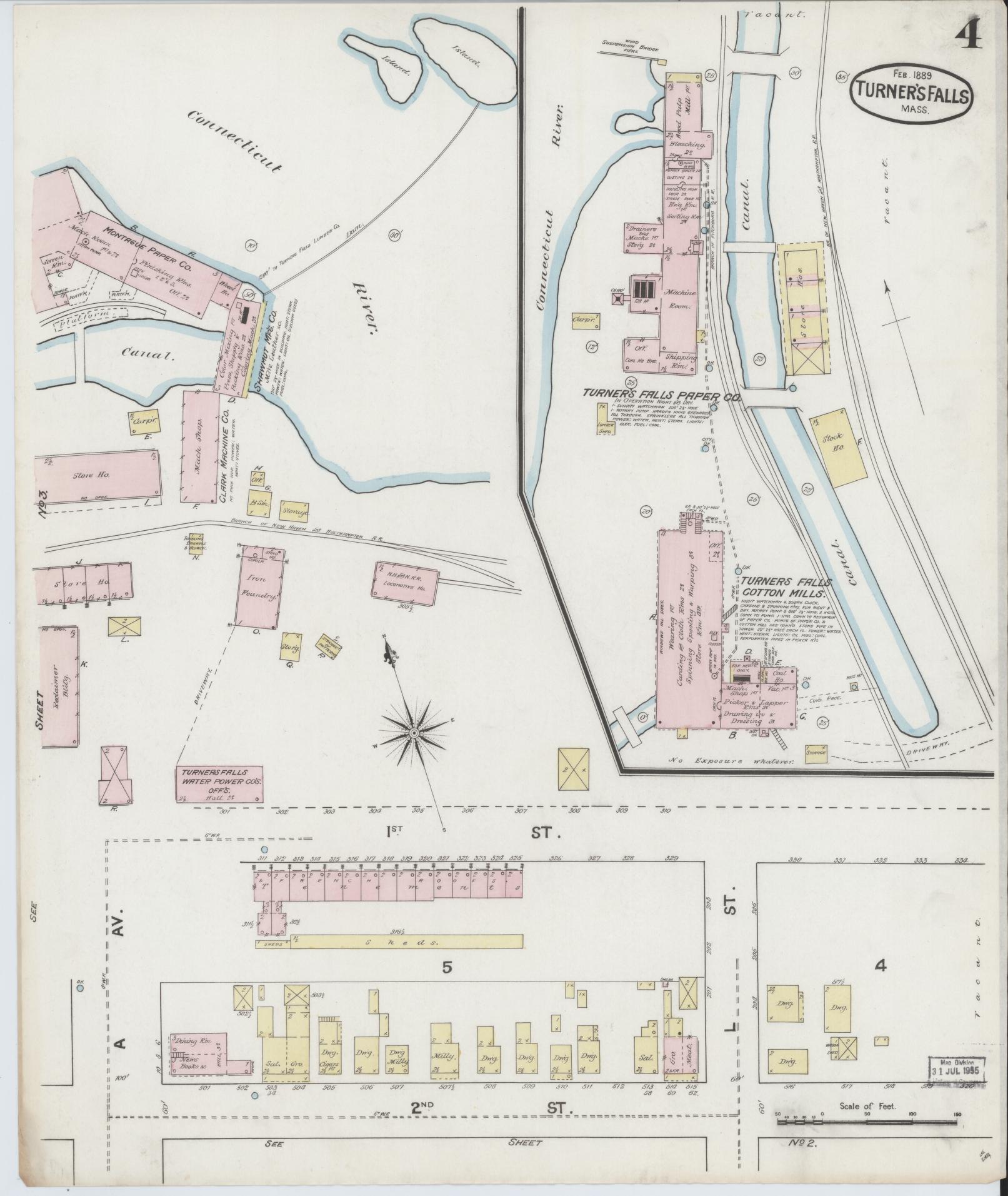 Sanborn Fire Insurance Map from Turners Falls, Franklin County, Massachusetts (1889), Sheet #0004 - Historic Sanborn Fire Insurance Map Print, vintage old map wall art, antique decor, genealogy gift, Massachusetts Massachusetts map