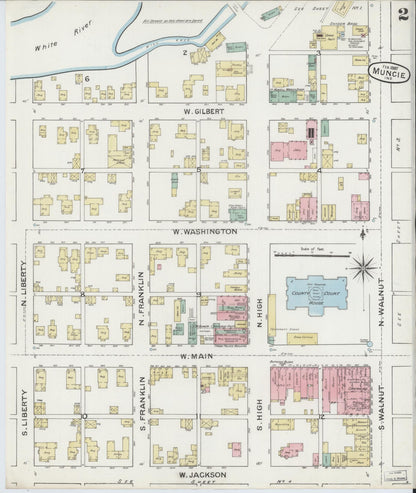 Sanborn Fire Insurance Map from Muncie, Delaware County, Indiana (1887), Sheet #0002 - Complete Map Set gallery image, historic Sanborn map, vintage wall art, Muncie Delaware
