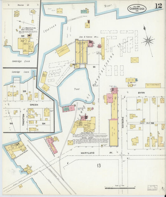 Dorchester, Maryland - 1906 - Sanborn Fire Insurance Map, Sheet #0012 - Historic Sanborn Fire Insurance Map Print, Dorchester Maryland 1906 0012 vintage old map wall art