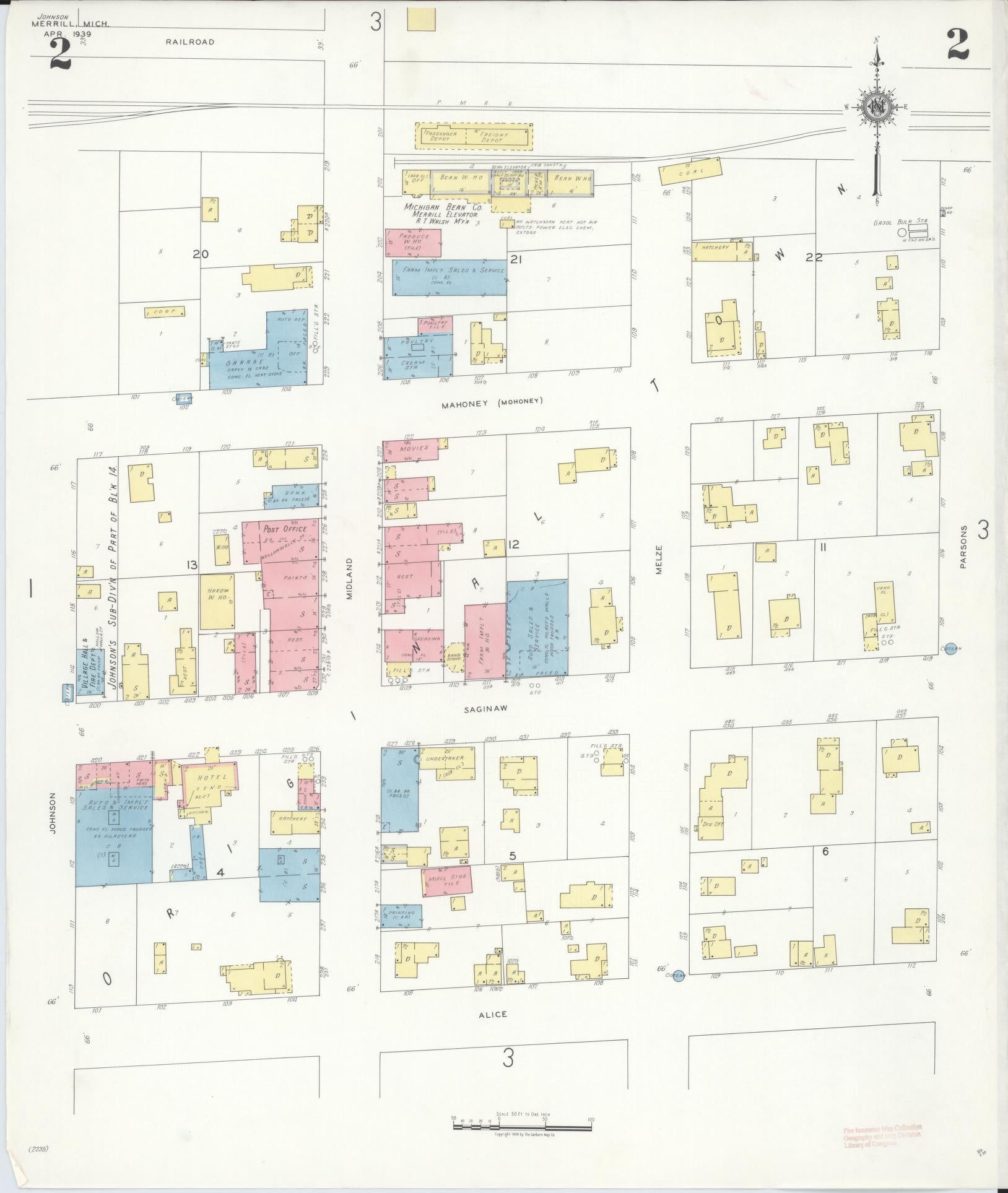 Sanborn Fire Insurance Map from Merrill, Saginaw County, Michigan (1939), Sheet #0002 - Historic Sanborn Fire Insurance Map Print, vintage old map wall art, antique decor, genealogy gift, Michigan Michigan map