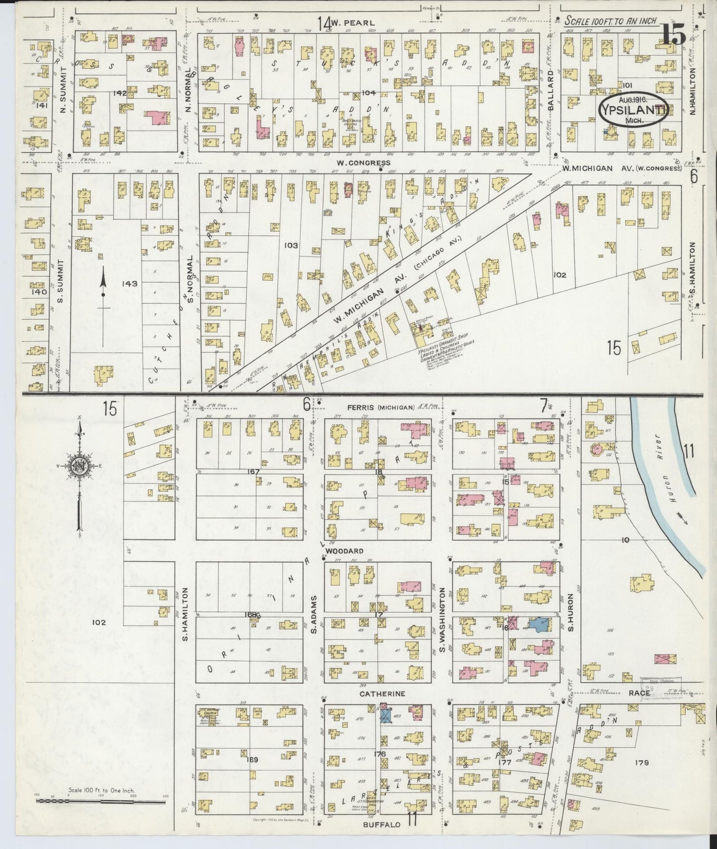 Sanborn Fire Insurance Map from Ypsilanti, Washtenaw County, Michigan (1916), Sheet #0015 - Complete Map Set gallery image, historic Sanborn map, vintage wall art, Michigan Michigan
