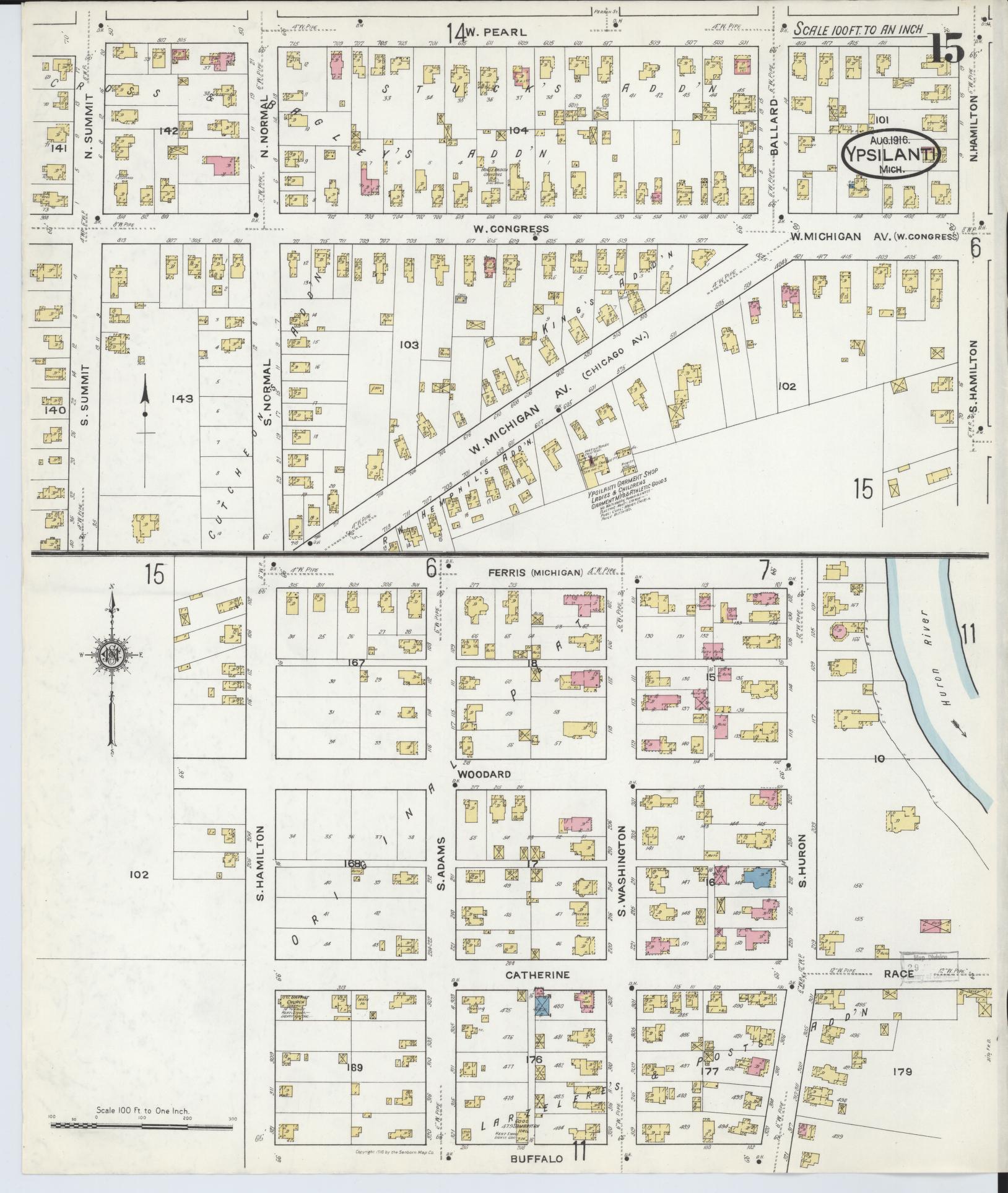 Sanborn Fire Insurance Map from Ypsilanti, Washtenaw County, Michigan (1916), Sheet #0015 - Complete Map Set gallery image, historic Sanborn map, vintage wall art, Michigan Michigan