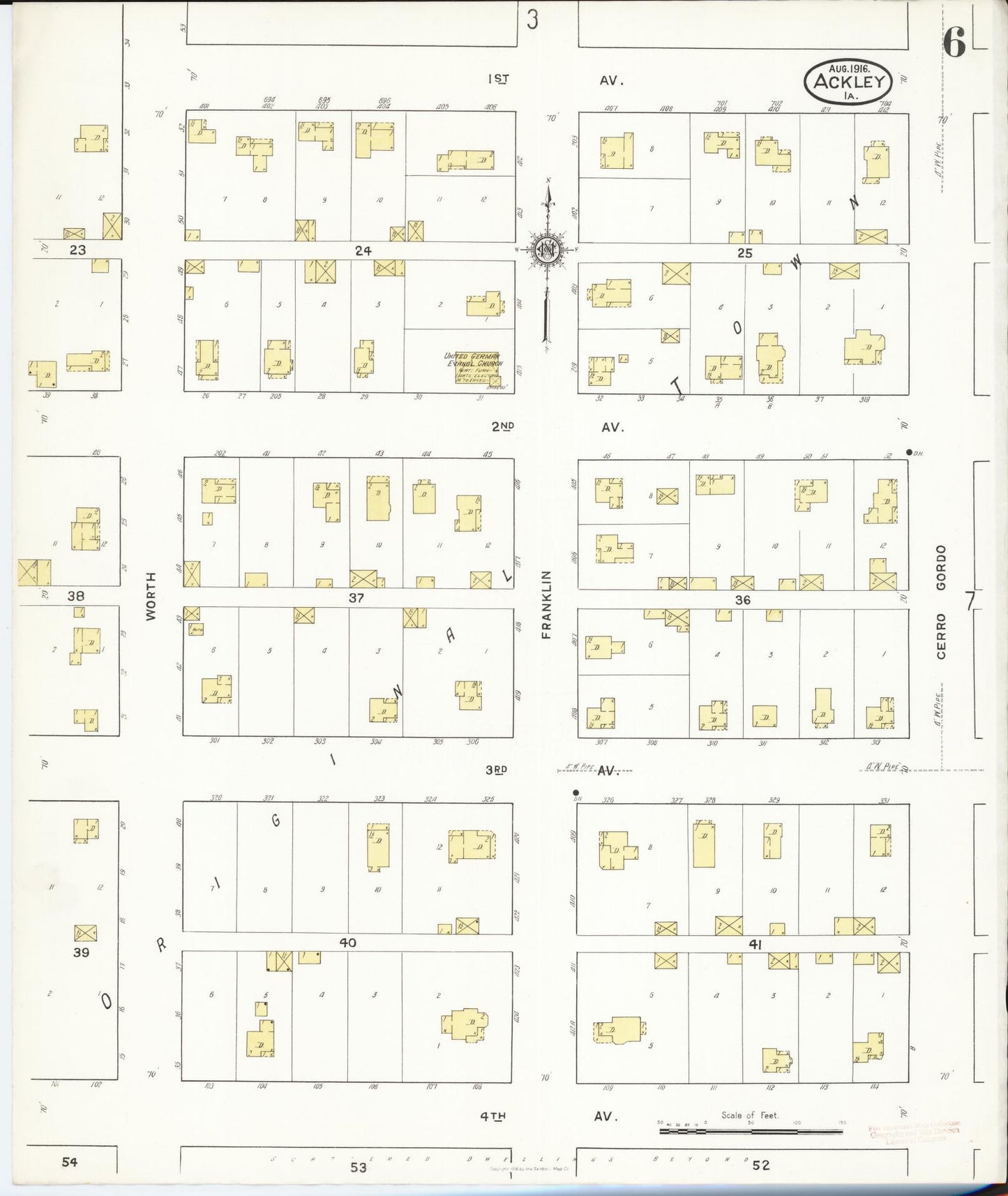 Sanborn Fire Insurance Map from Ackley, Hardin and Franklin Counties, Iowa (1916), Sheet #0006 - Historic Sanborn Fire Insurance Map Print