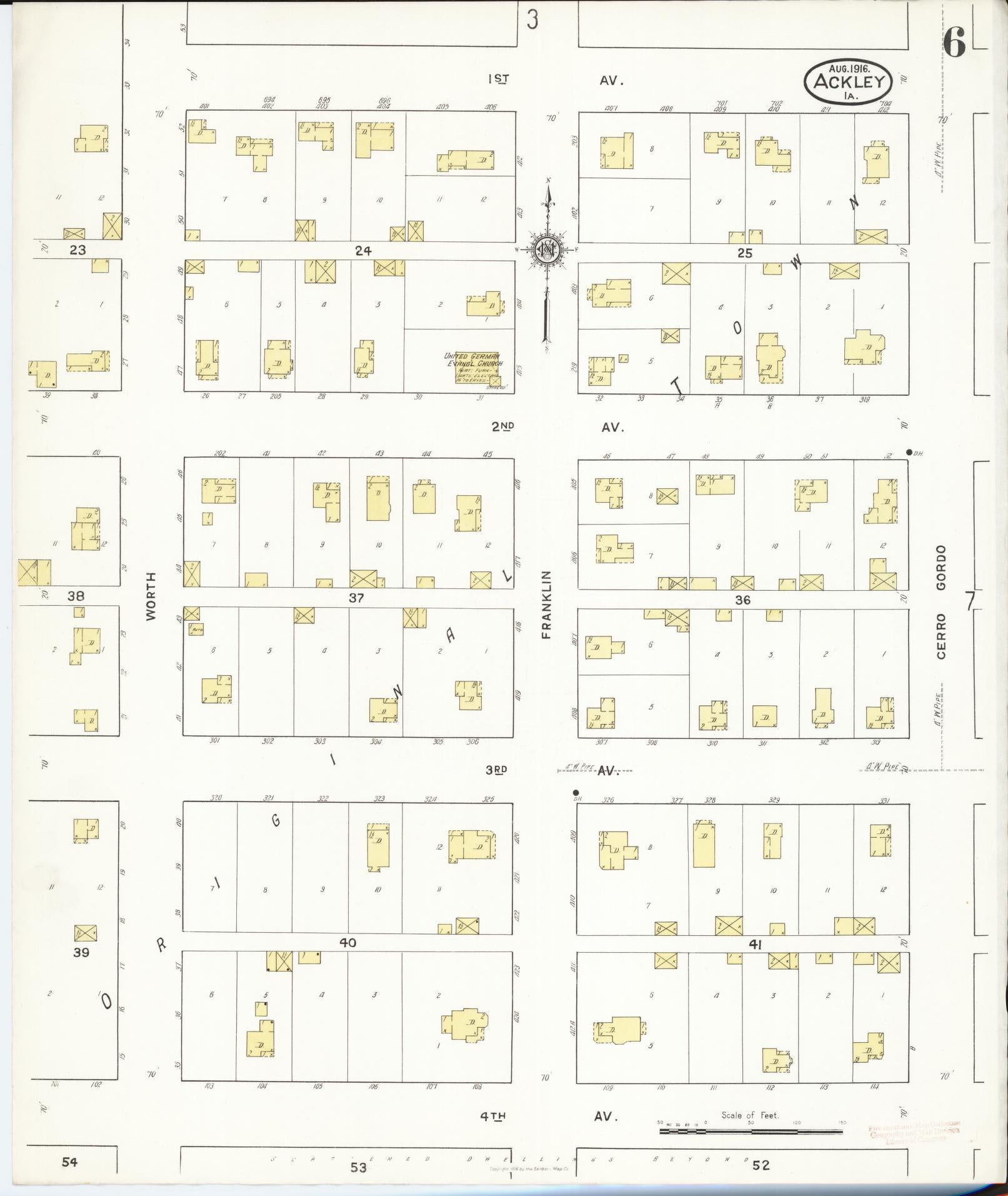 Sanborn Fire Insurance Map from Ackley, Hardin and Franklin Counties, Iowa (1916), Sheet #0006 - Historic Sanborn Fire Insurance Map Print