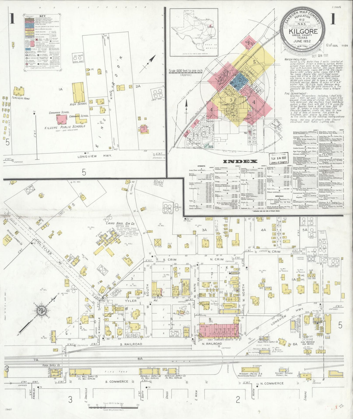Sanborn Fire Insurance Map from Kilgore, Gregg County, Texas (1932), Sheet #0001 - Complete Map Set gallery image, historic Sanborn map, vintage wall art, Texas Texas