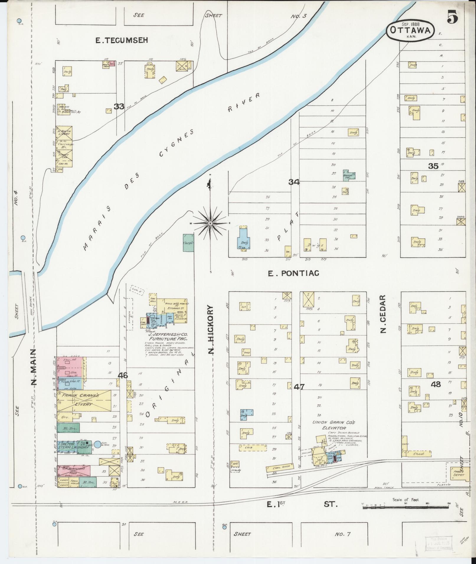 Sanborn Fire Insurance Map from Ottawa, Franklin County, Kansas (1888), Sheet #0005 - Complete Map Set gallery image, historic Sanborn map, vintage wall art, Kansas Kansas
