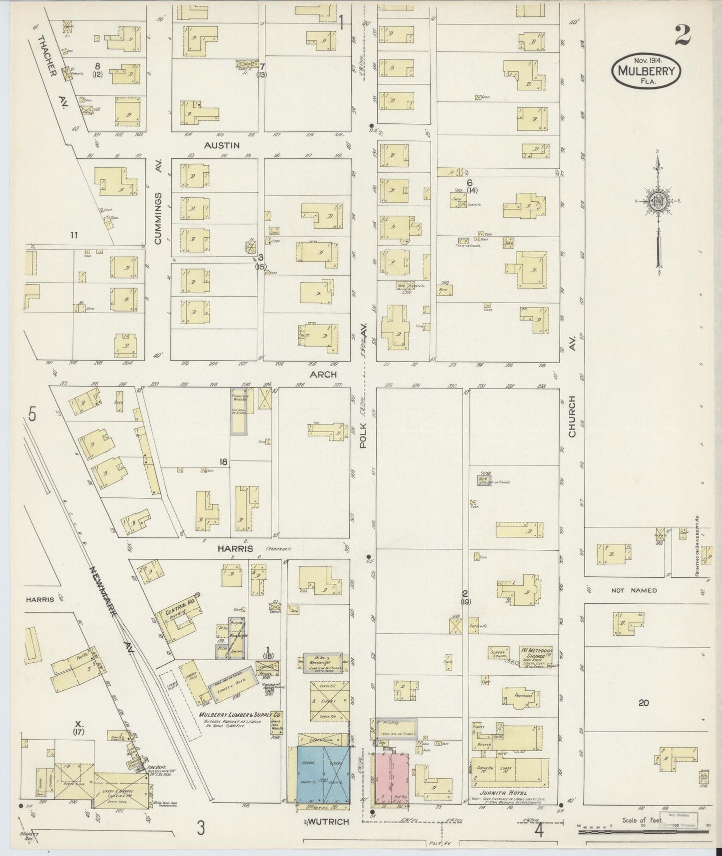 Sanborn Fire Insurance Map from Mulberry, Polk County, Florida (1914), Sheet #0002 - Historic Sanborn Fire Insurance Map Print, vintage old map wall art, antique decor, genealogy gift, Florida Florida map