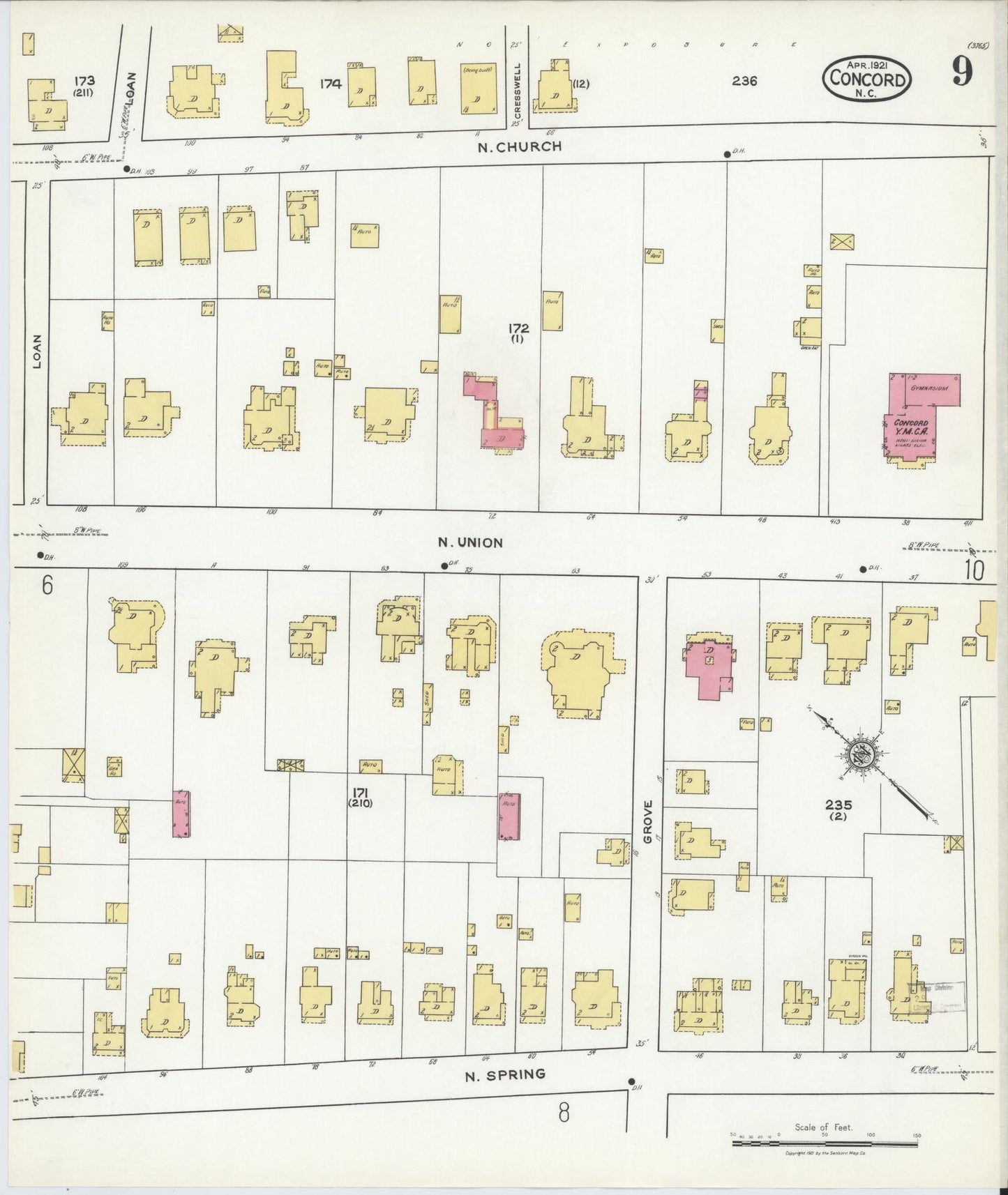 Sanborn Fire Insurance Map from Concord, Cabarrus County, North Carolina (1921), Sheet #0009 - Historic Sanborn Fire Insurance Map Print, vintage old map wall art, antique decor, genealogy gift, North Carolina North Carolina map