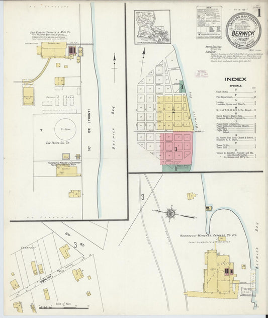 Sanborn Fire Insurance Map from Berwick, Saint Mary Parish, Louisiana (1912), Sheet #0001 - Historic Sanborn Fire Insurance Map Print, vintage old map wall art, antique decor, genealogy gift, Louisiana Louisiana map