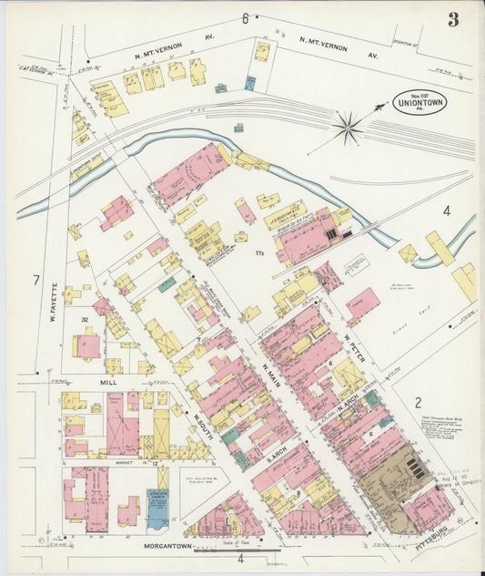 Sanborn Fire Insurance Map from Uniontown, Fayette County, Pennsylvania (1907), Sheet #0003 - Historic Sanborn Fire Insurance Map Print, vintage old map wall art, antique decor, genealogy gift, Pennsylvania Pennsylvania map