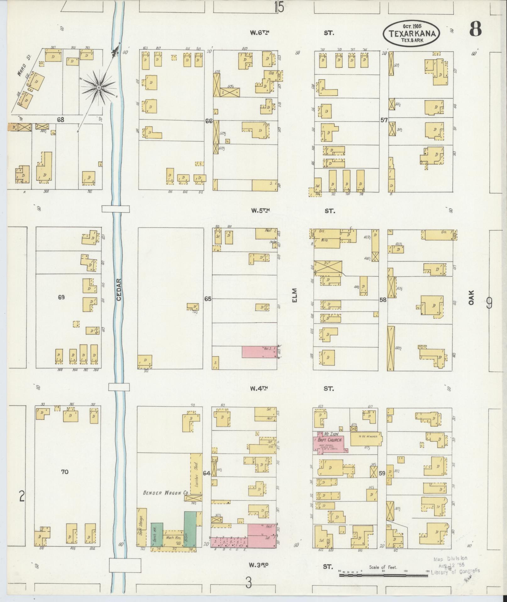 Sanborn Fire Insurance Map from Texarkana, Bowie County, Texas (1905), Sheet #0008 - Complete Map Set gallery image, historic Sanborn map, vintage wall art, Texas Texas