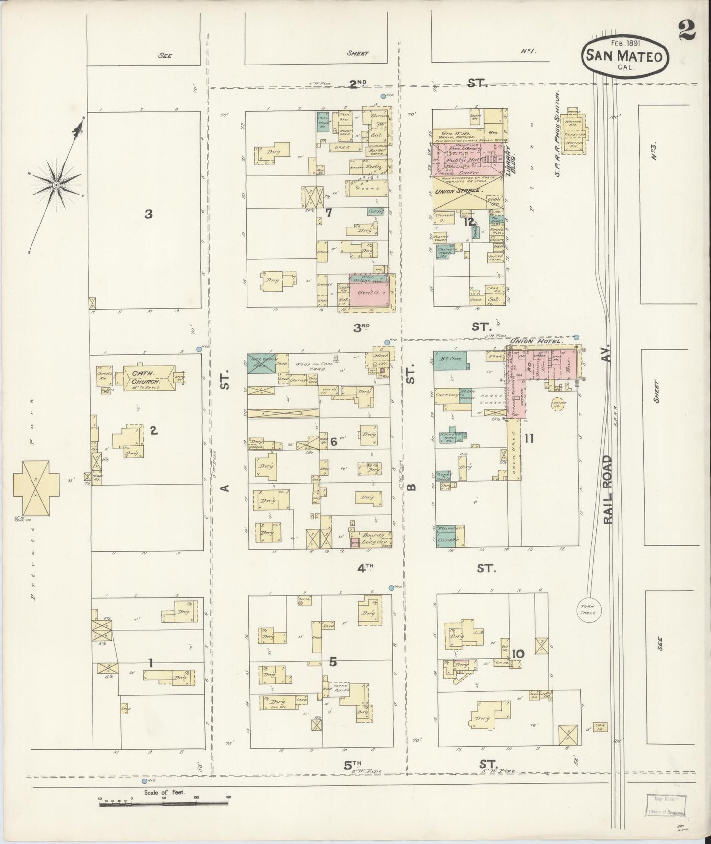 Sanborn Fire Insurance Map from San Mateo, San Mateo County, California (1891), Sheet #0002 - Complete Map Set gallery image, historic Sanborn map, vintage wall art, California California