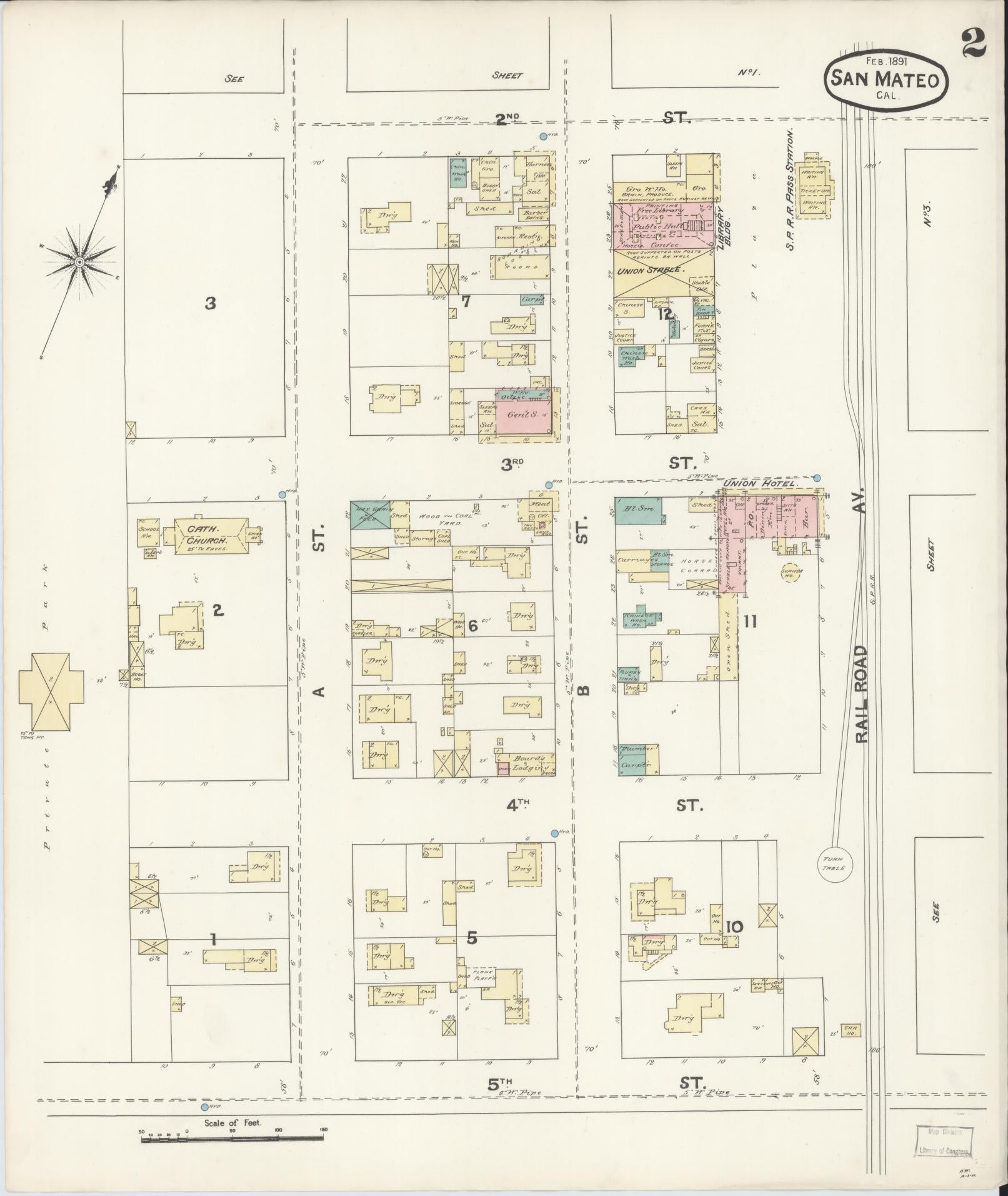 Sanborn Fire Insurance Map from San Mateo, San Mateo County, California (1891), Sheet #0002 - Complete Map Set gallery image, historic Sanborn map, vintage wall art, California California