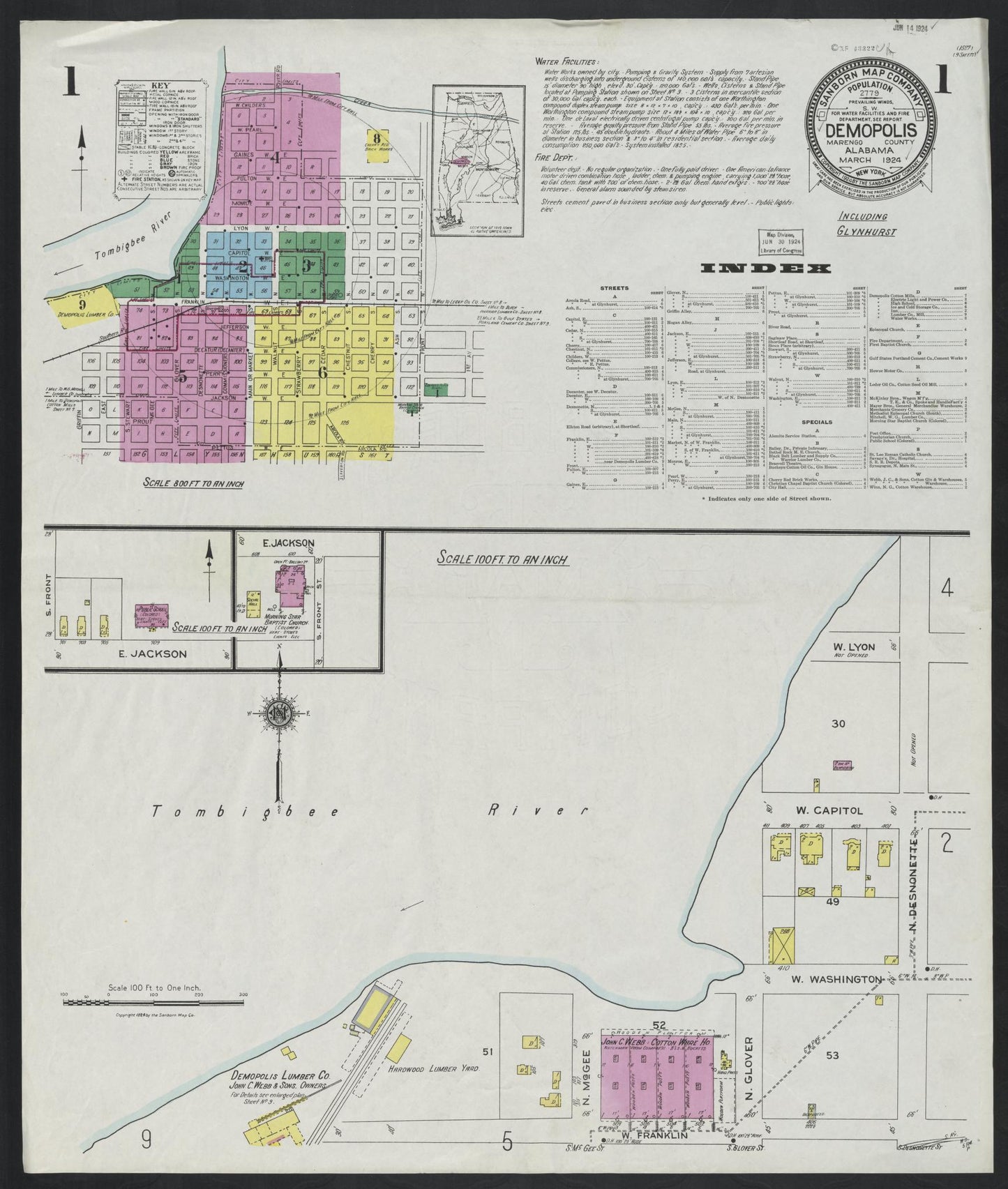 Sanborn Fire Insurance Map from Demopolis, Marengo County, Alabama (1924), Sheet #0001 - Complete Map Set gallery image, historic Sanborn map, vintage wall art, Alabama Alabama