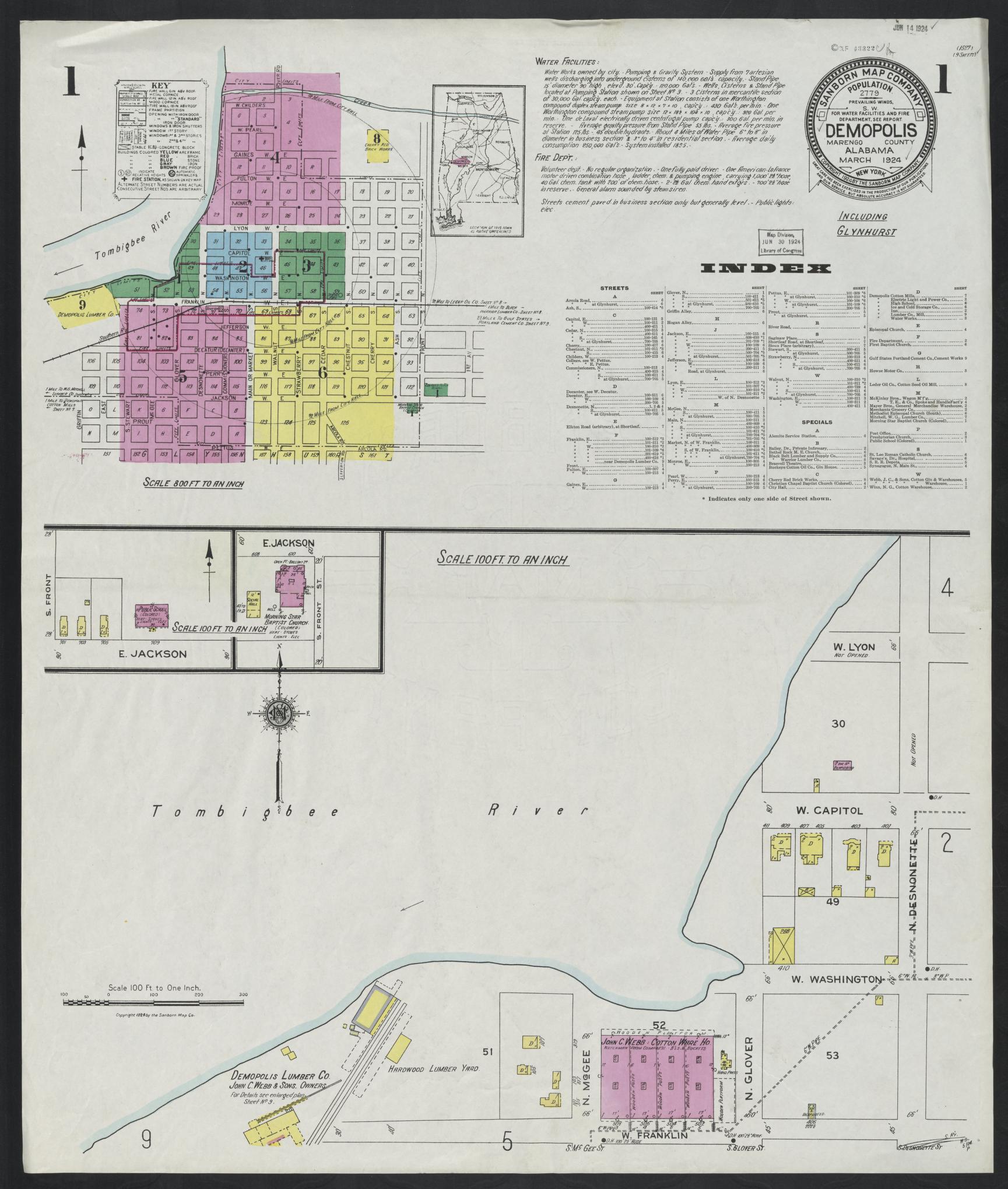 Sanborn Fire Insurance Map from Demopolis, Marengo County, Alabama (1924), Sheet #0001 - Complete Map Set gallery image, historic Sanborn map, vintage wall art, Alabama Alabama