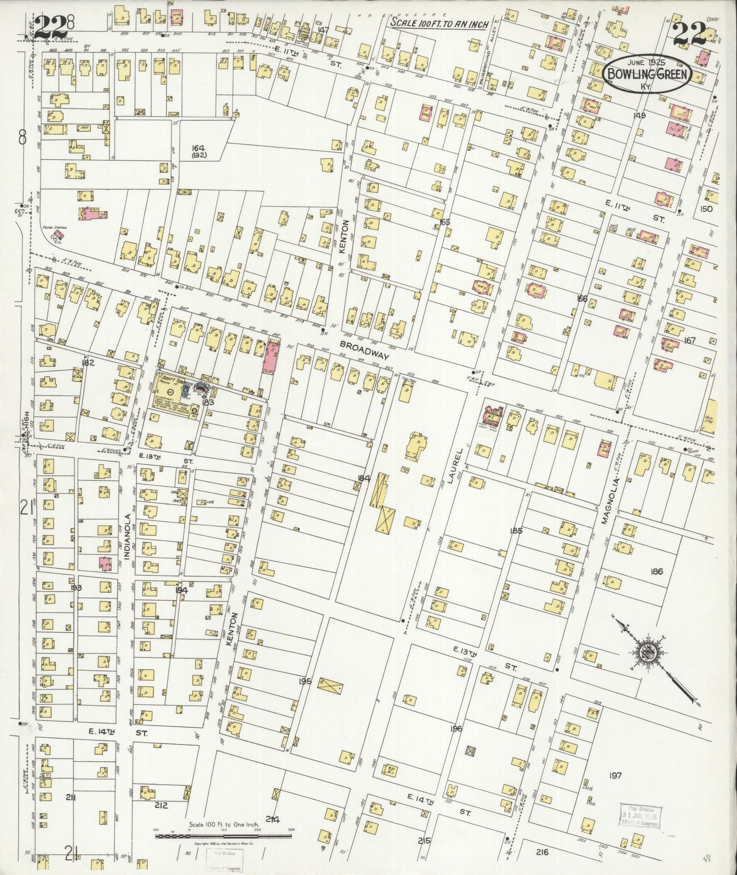 Sanborn Fire Insurance Map from Bowling Green, Warren County, Kentucky (1925), Sheet #0022 - Complete Map Set gallery image, historic Sanborn map, vintage wall art, Kentucky Kentucky