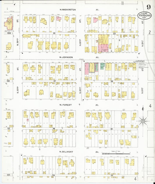 Sanborn Fire Insurance Map from Parsons, Labette County, Kansas (1905), Sheet #0009 - Historic Sanborn Fire Insurance Map Print, vintage old map wall art, antique decor, genealogy gift, Kansas Kansas map