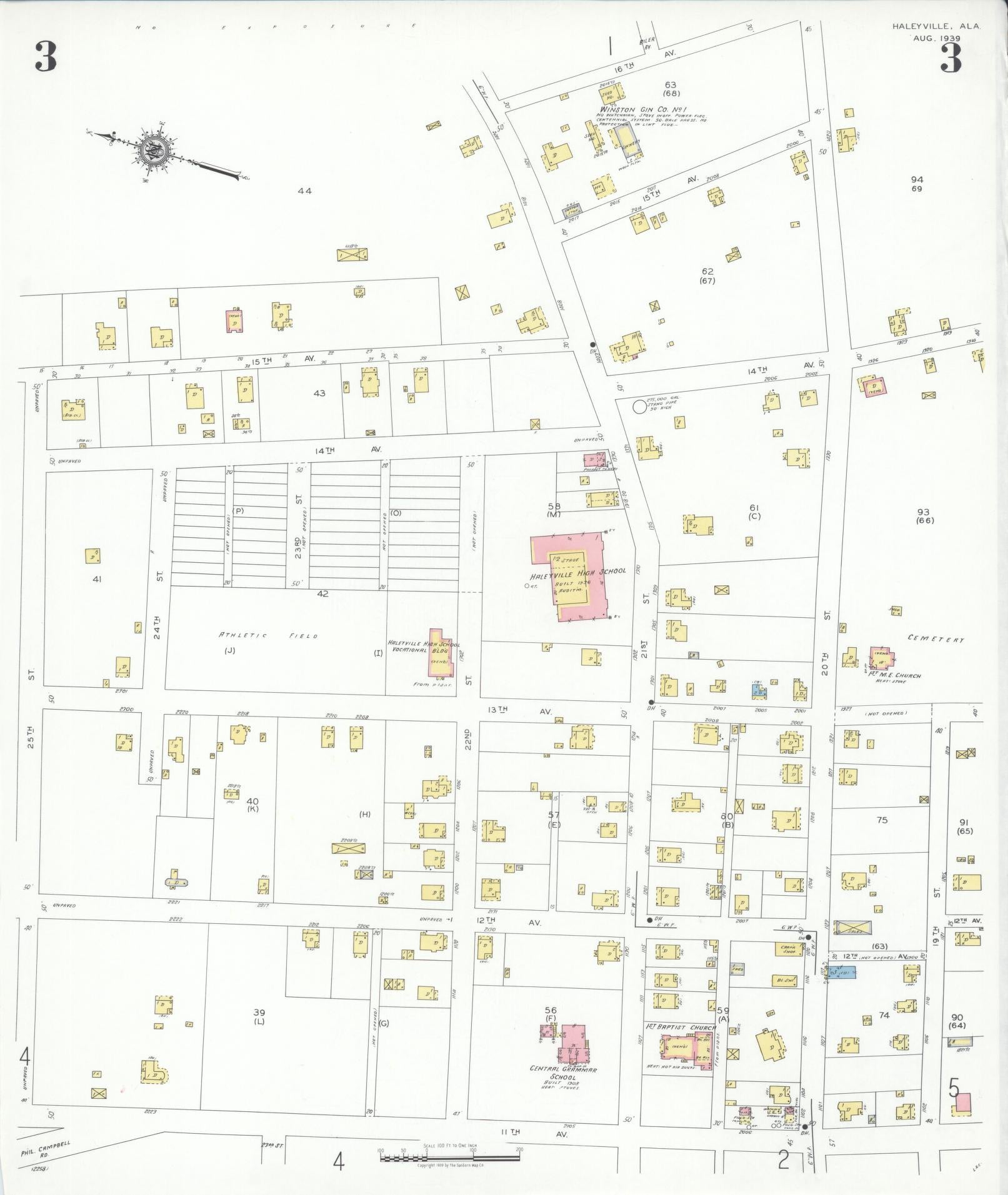 Sanborn Fire Insurance Map from Haleyville, Winston County, Alabama (1939), Sheet #0003 - Historic Sanborn Fire Insurance Map Print, vintage old map wall art, antique decor, genealogy gift, Alabama Alabama map