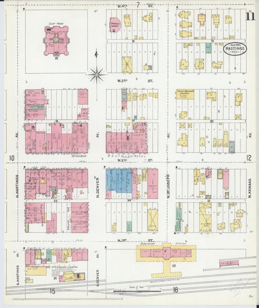 Sanborn Fire Insurance Map from Hastings, Adams County, Nebraska (1905), Sheet #0011 - Historic Sanborn Fire Insurance Map Print, vintage old map wall art, antique decor, genealogy gift, Nebraska Nebraska map
