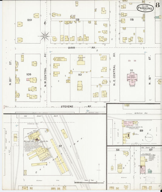 Sanborn Fire Insurance Map from Parsons, Labette County, Kansas (1888), Sheet #0008 - Historic Sanborn Fire Insurance Map Print, vintage old map wall art, antique decor, genealogy gift, Kansas Kansas map