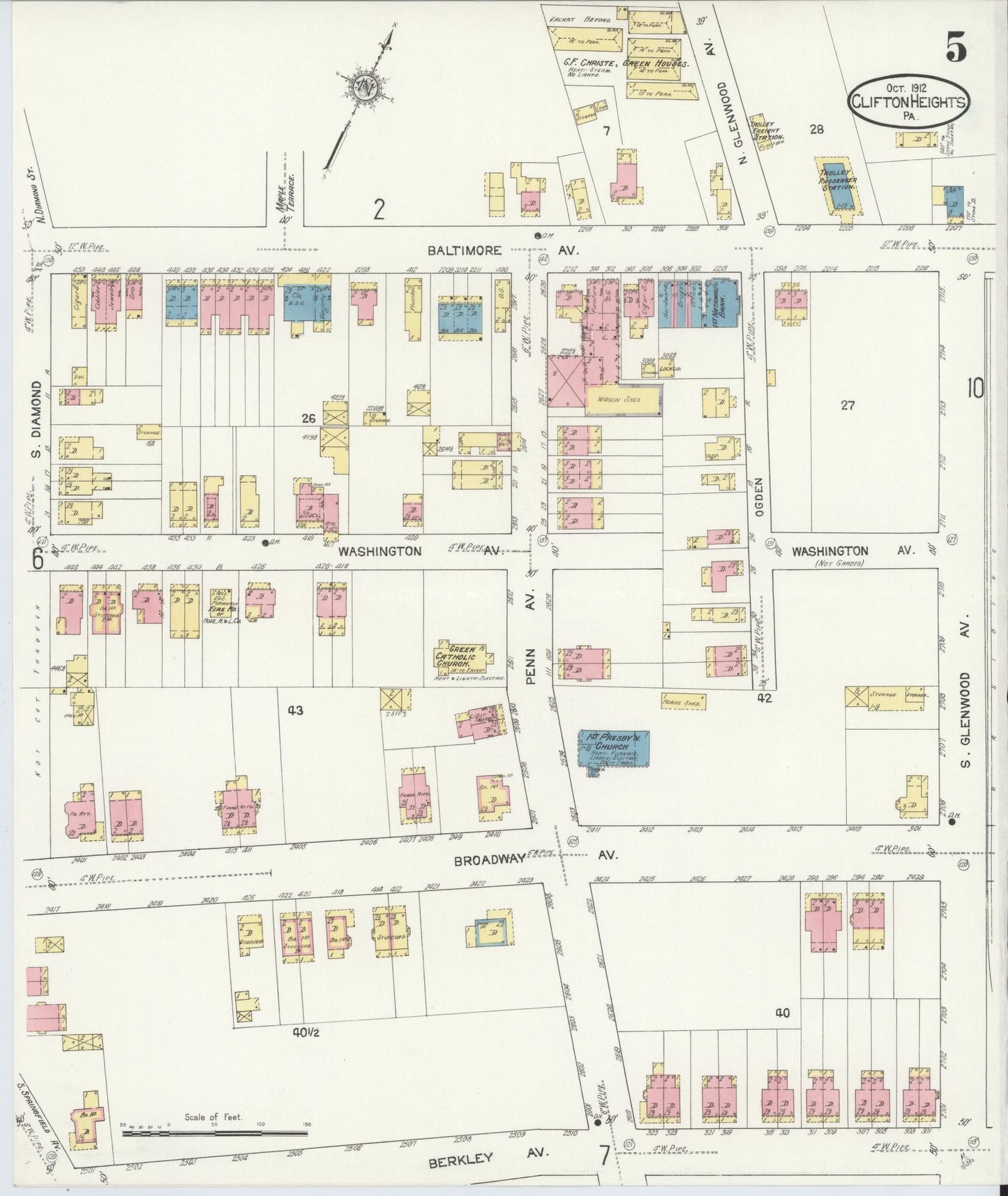Sanborn Fire Insurance Map from Clifton Heights, Delaware County, Pennsylvania (1912), Sheet #0005 - Historic Sanborn Fire Insurance Map Print, vintage old map wall art, antique decor, genealogy gift, Clifton Heights Delaware map