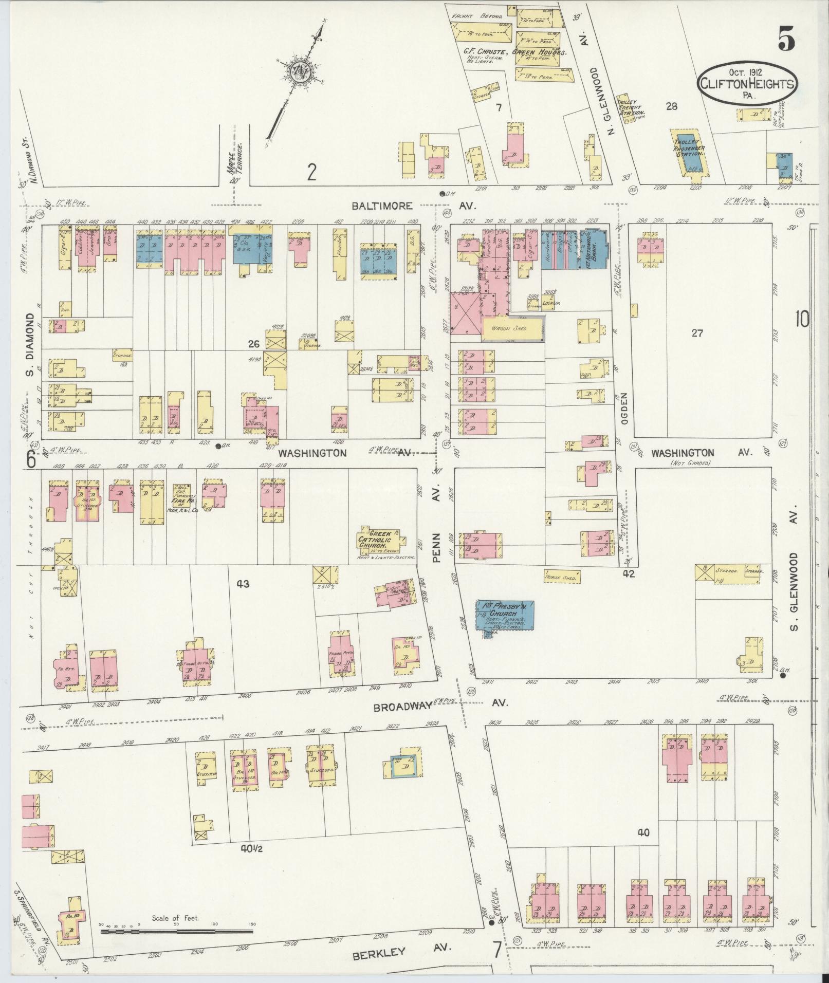 Sanborn Fire Insurance Map from Clifton Heights, Delaware County, Pennsylvania (1912), Sheet #0005 - Historic Sanborn Fire Insurance Map Print, vintage old map wall art, antique decor, genealogy gift, Clifton Heights Delaware map