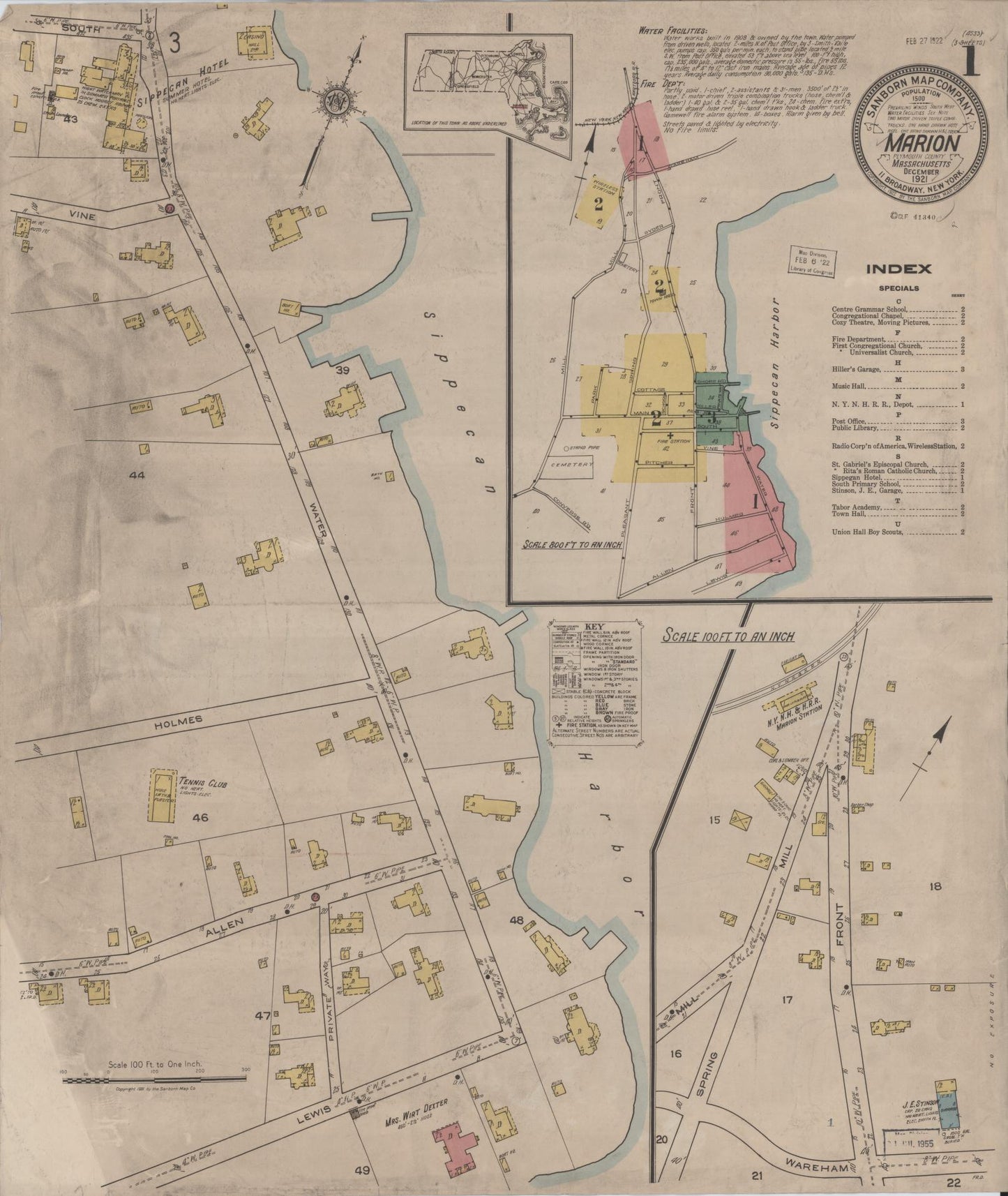 Sanborn Fire Insurance Map from Marion, Plymouth County, Massachusetts (1921), Sheet #0001 - Historic Sanborn Fire Insurance Map Print, vintage old map wall art, antique decor, genealogy gift, Massachusetts Massachusetts map