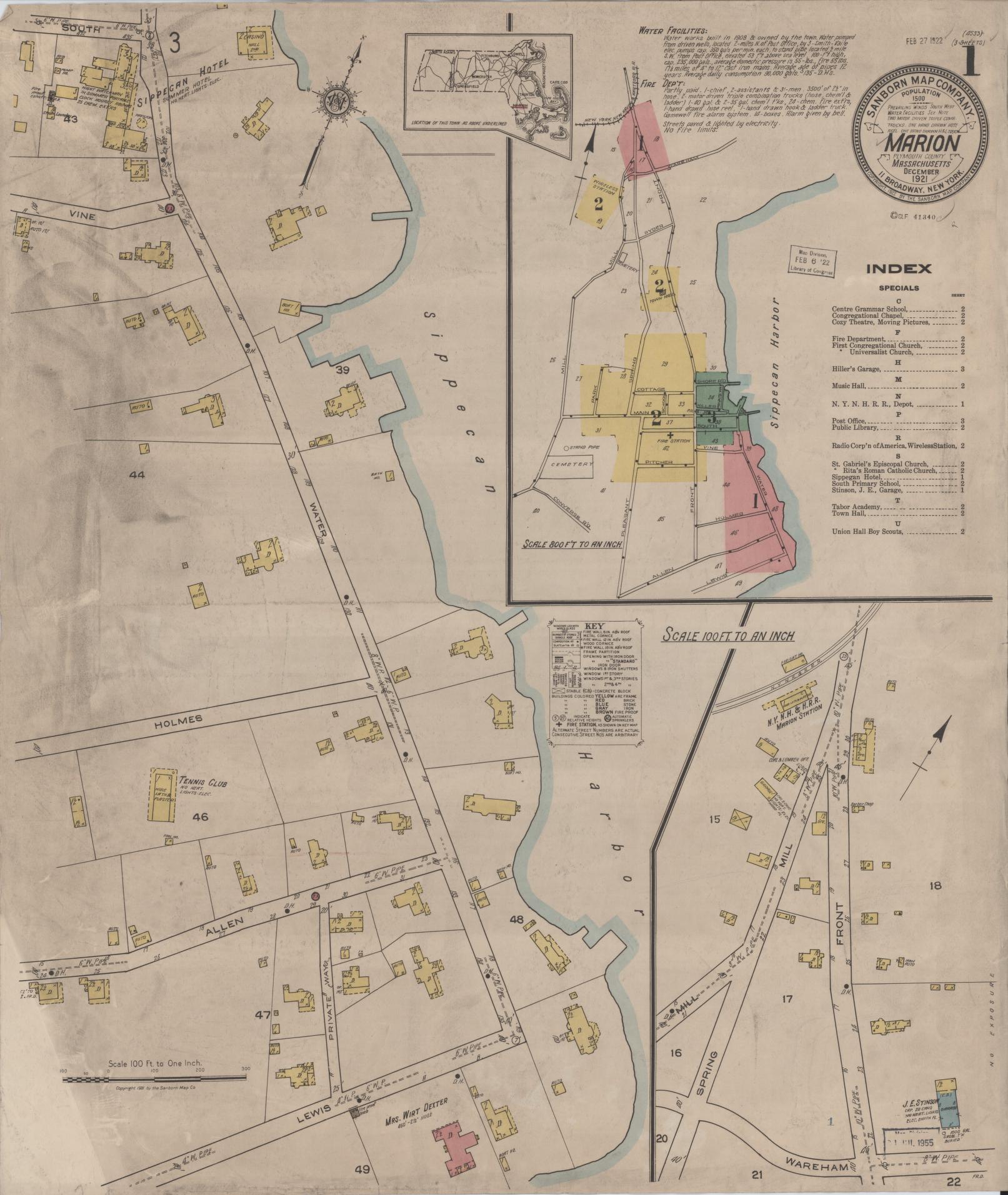 Sanborn Fire Insurance Map from Marion, Plymouth County, Massachusetts (1921), Sheet #0001 - Historic Sanborn Fire Insurance Map Print, vintage old map wall art, antique decor, genealogy gift, Massachusetts Massachusetts map