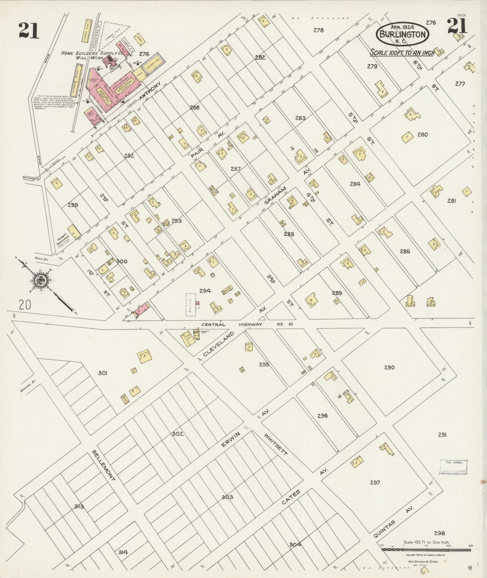 Sanborn Fire Insurance Map from Burlington, Alamance County, North Carolina (1924), Sheet #0021 - Complete Map Set gallery image, historic Sanborn map, vintage wall art, North Carolina North Carolina