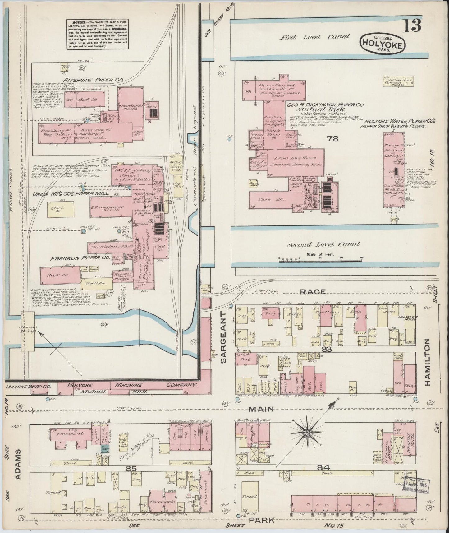Sanborn Fire Insurance Map from Holyoke, Hampden County, Massachusetts (1884), Sheet #0013 - Historic Sanborn Fire Insurance Map Print, vintage old map wall art, antique decor, genealogy gift, Massachusetts Massachusetts map