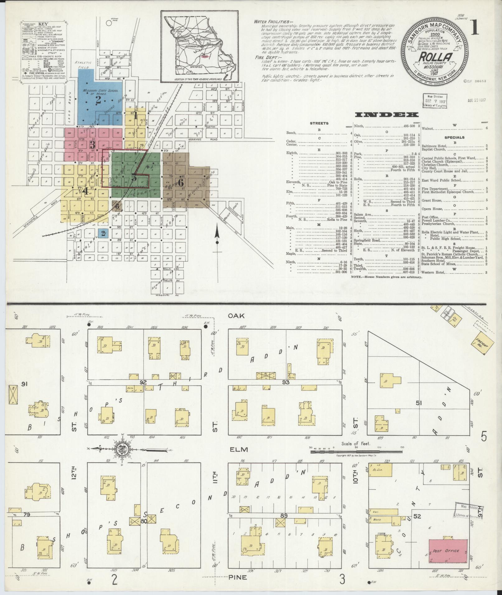 Sanborn Fire Insurance Map from Rolla, Phelps County, Missouri (1917), Sheet #0001 - Historic Sanborn Fire Insurance Map Print, vintage old map wall art, antique decor, genealogy gift, Missouri Missouri map