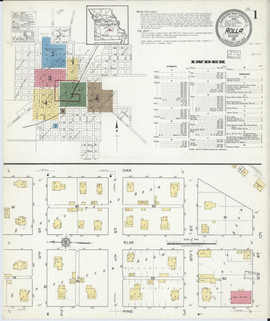 Sanborn Fire Insurance Map from Rolla, Phelps County, Missouri (1917), Sheet #0001 - Historic Sanborn Fire Insurance Map Print, vintage old map wall art, antique decor, genealogy gift, Missouri Missouri map