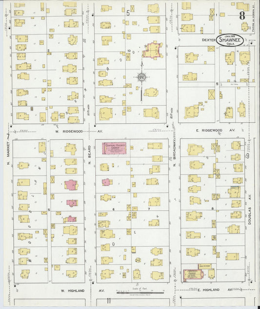 Sanborn Fire Insurance Map from Shawnee, Pottawatomie County, Oklahoma (1919), Sheet #0008 - Historic Sanborn Fire Insurance Map Print, vintage old map wall art, antique decor, genealogy gift, Oklahoma Oklahoma map