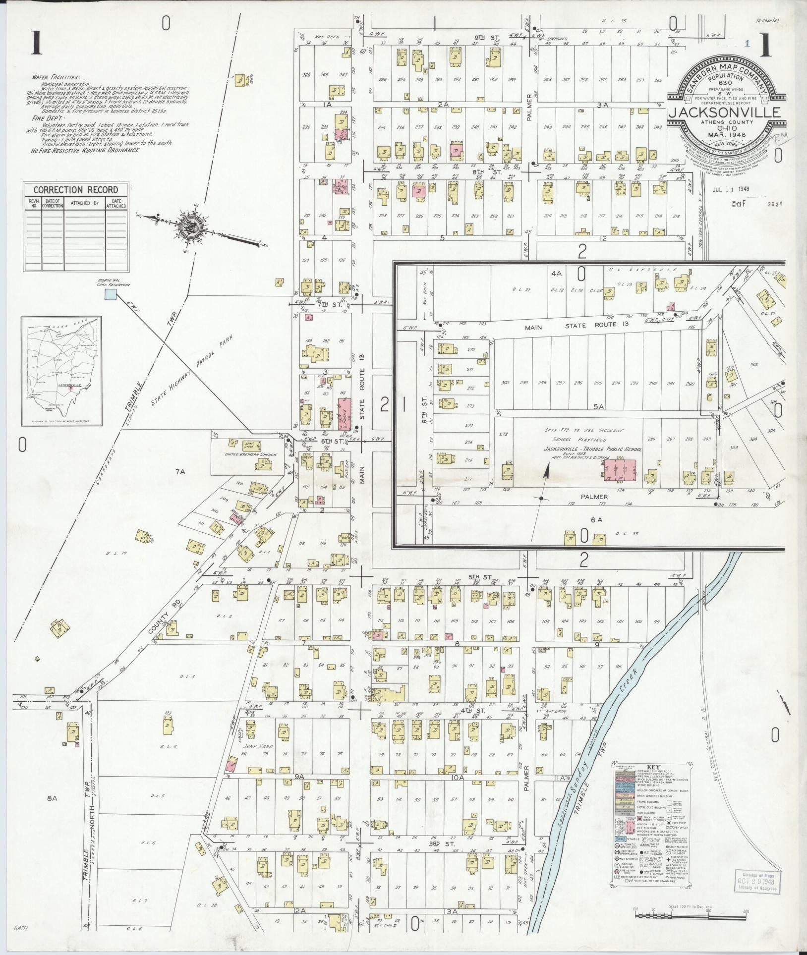 Sanborn Fire Insurance Map from Jacksonville, Athens County, Ohio (1948), Sheet #0001 - Historic Sanborn Fire Insurance Map Print, vintage old map wall art, antique decor, genealogy gift, Ohio Ohio map