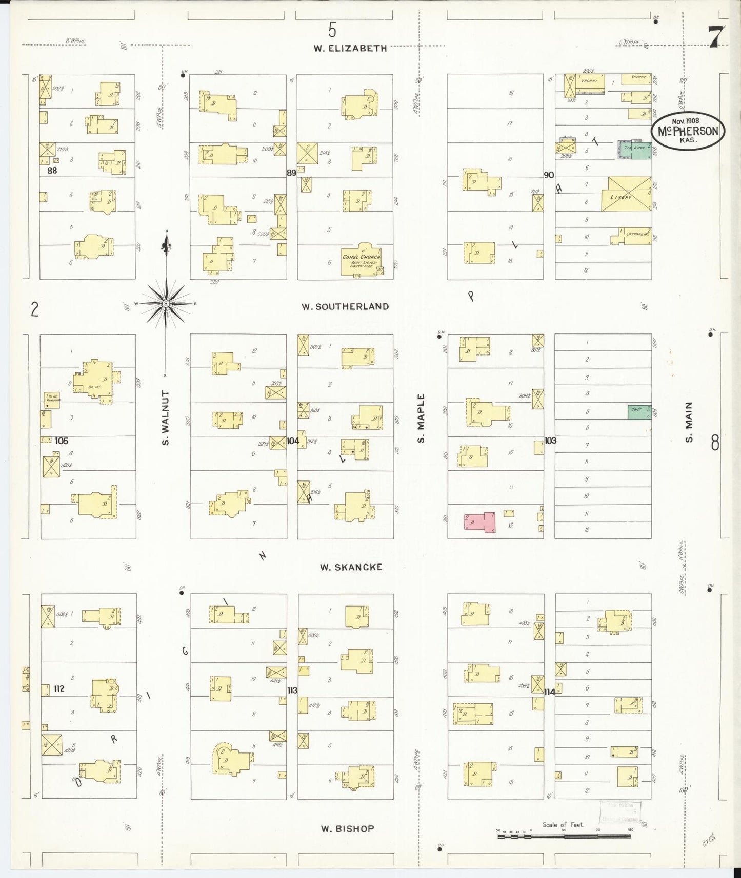 Sanborn Fire Insurance Map from Mcpherson, Mcpherson County, Kansas (1908), Sheet #0007 - Complete Map Set gallery image, historic Sanborn map, vintage wall art, Kansas Kansas