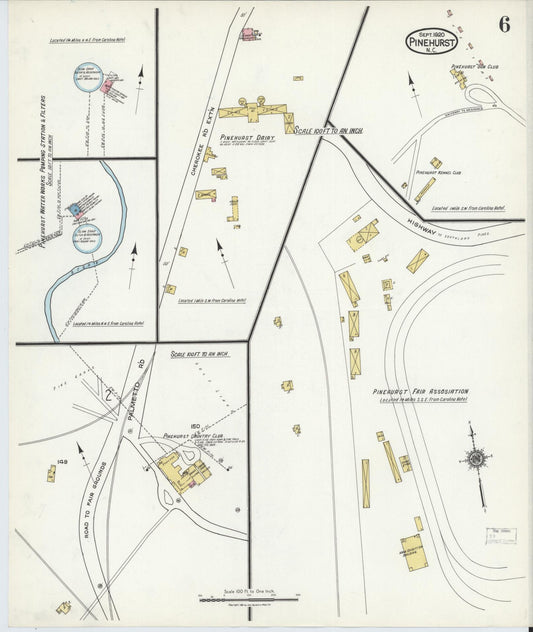Sanborn Fire Insurance Map from Pinehurst, Moore County, North Carolina (1920), Sheet #0006 - Historic Sanborn Fire Insurance Map Print, vintage old map wall art, antique decor, genealogy gift, North Carolina North Carolina map