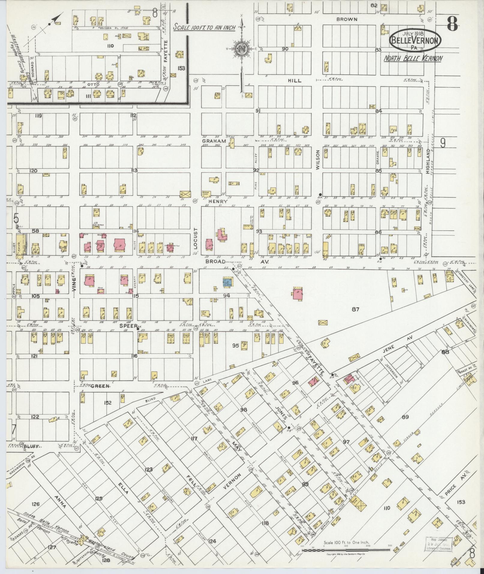 Sanborn Fire Insurance Map from Belle Vernon, Fayette County, Pennsylvania (1918), Sheet #0008 - Historic Sanborn Fire Insurance Map Print, vintage old map wall art, antique decor, genealogy gift, Pennsylvania Pennsylvania map