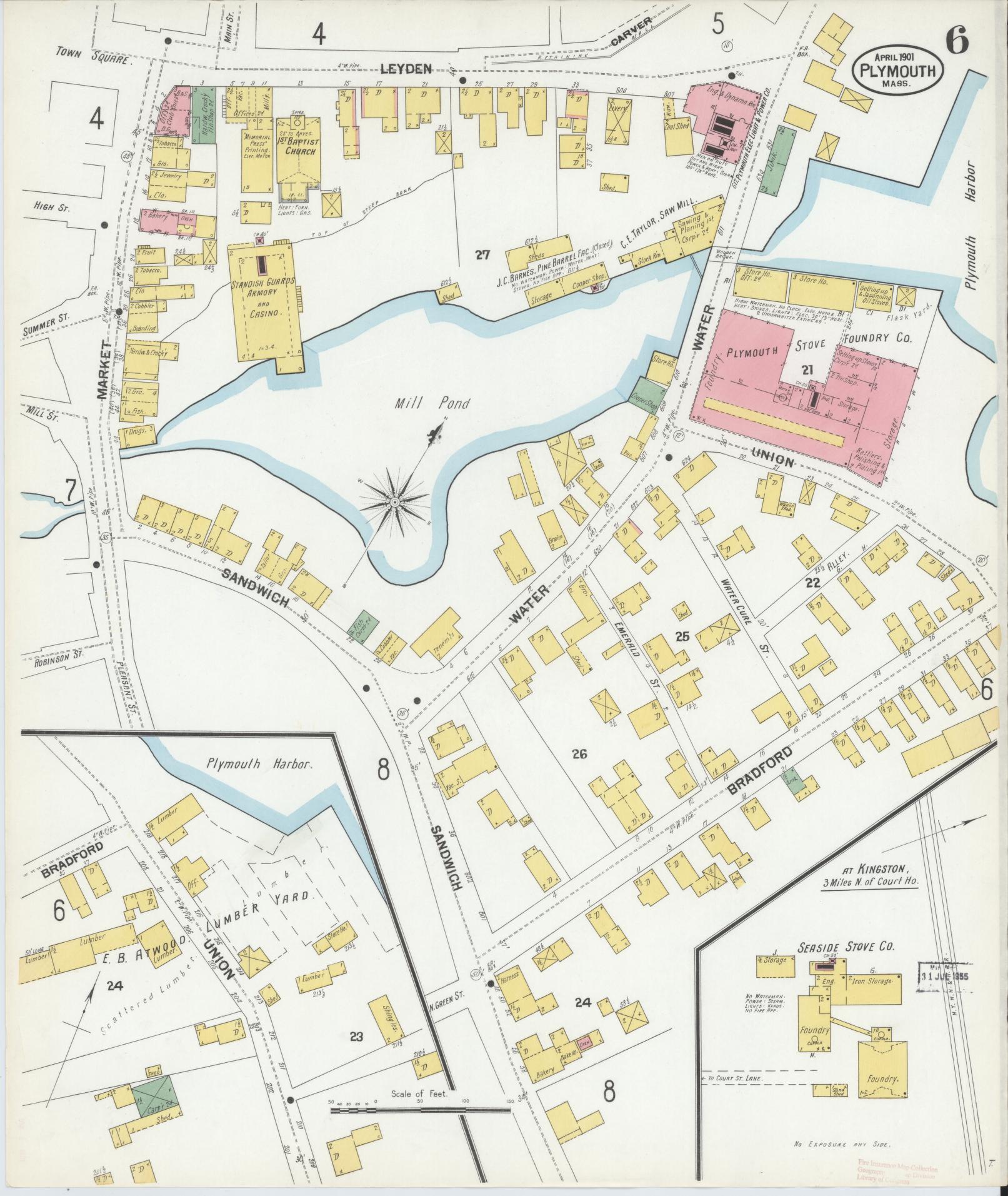 Sanborn Fire Insurance Map from Plymouth, Plymouth County, Massachusetts (1901), Sheet #0006 - Historic Sanborn Fire Insurance Map Print, vintage old map wall art, antique decor, genealogy gift, Massachusetts Massachusetts map