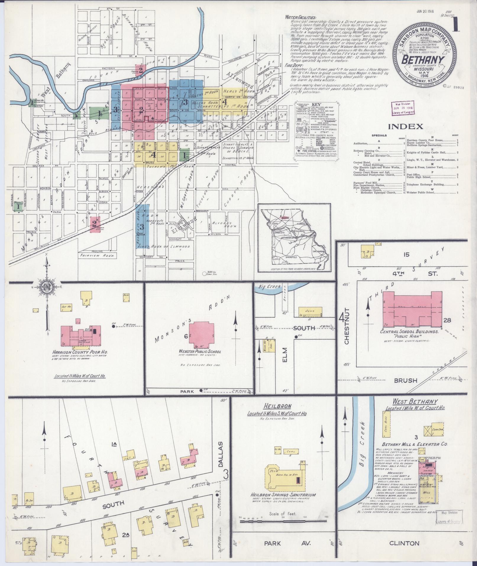 Sanborn Fire Insurance Map from Bethany, Harrison County, Missouri (1916), Sheet #0001 - Complete Map Set gallery image, historic Sanborn map, vintage wall art, Missouri Missouri