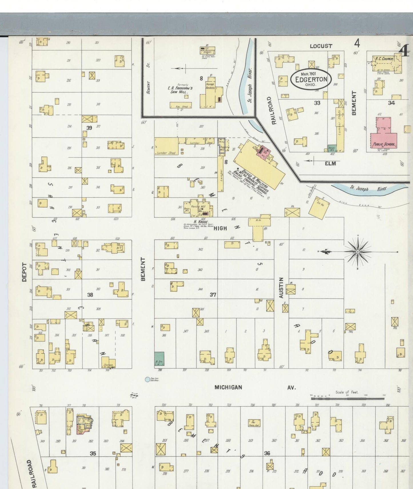 Sanborn Fire Insurance Map from Edgerton, Williams County, Ohio (1901), Sheet #0004 - Historic Sanborn Fire Insurance Map Print, vintage old map wall art, antique decor, genealogy gift, Ohio Ohio map
